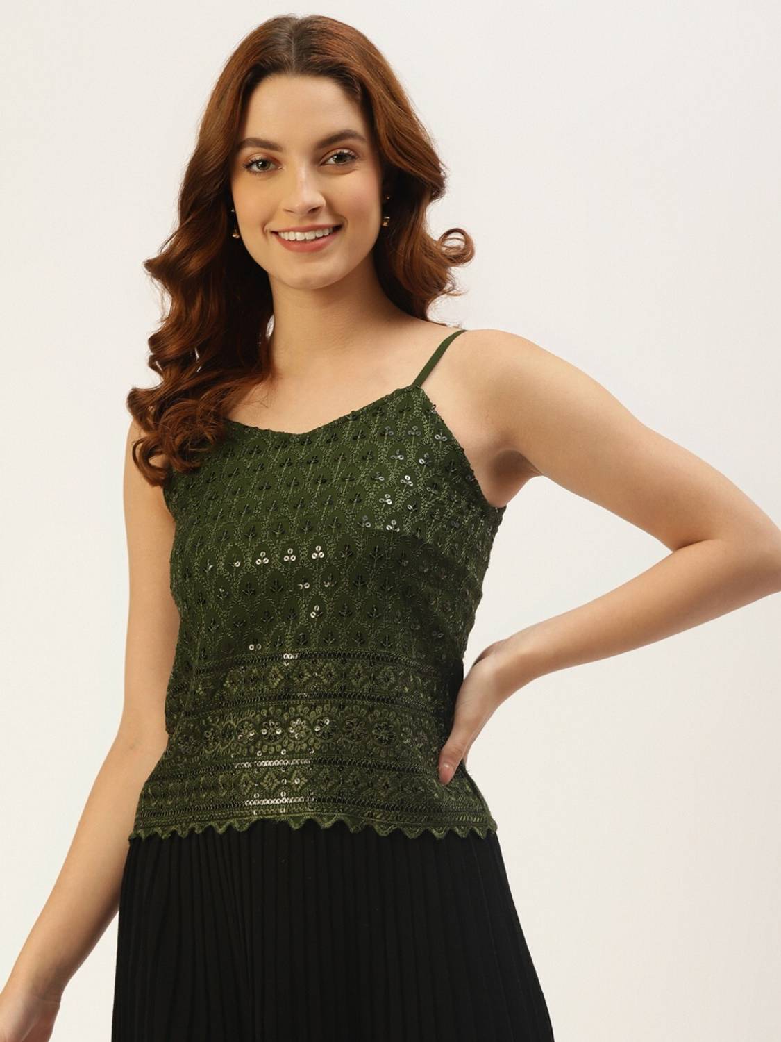 BRINNS Party Embellished Women Green Top