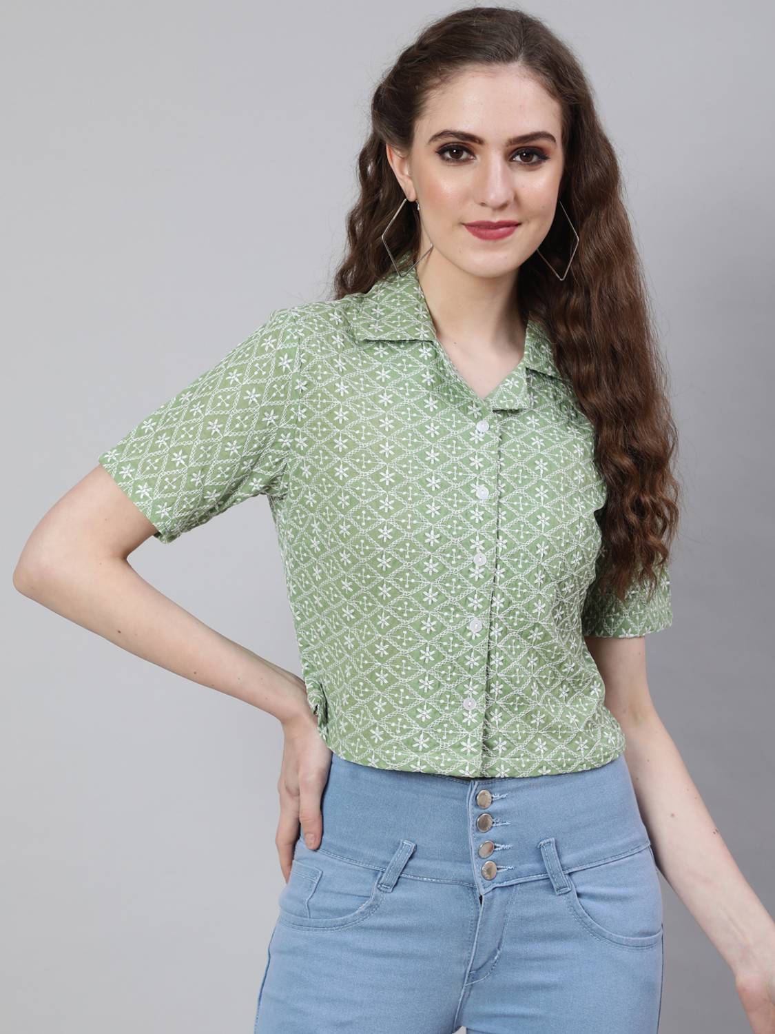 AKIMIA Casual Embroidered Women Light Green Top