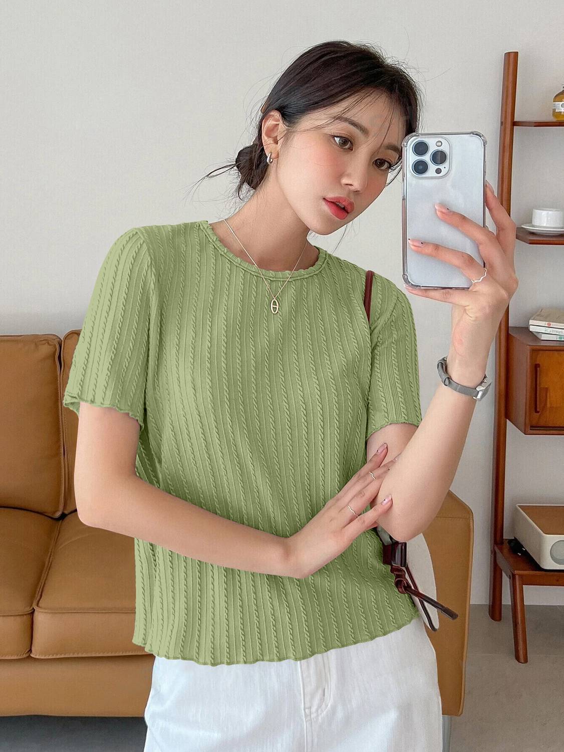 1stLov Casual Solid Women Light Green Top