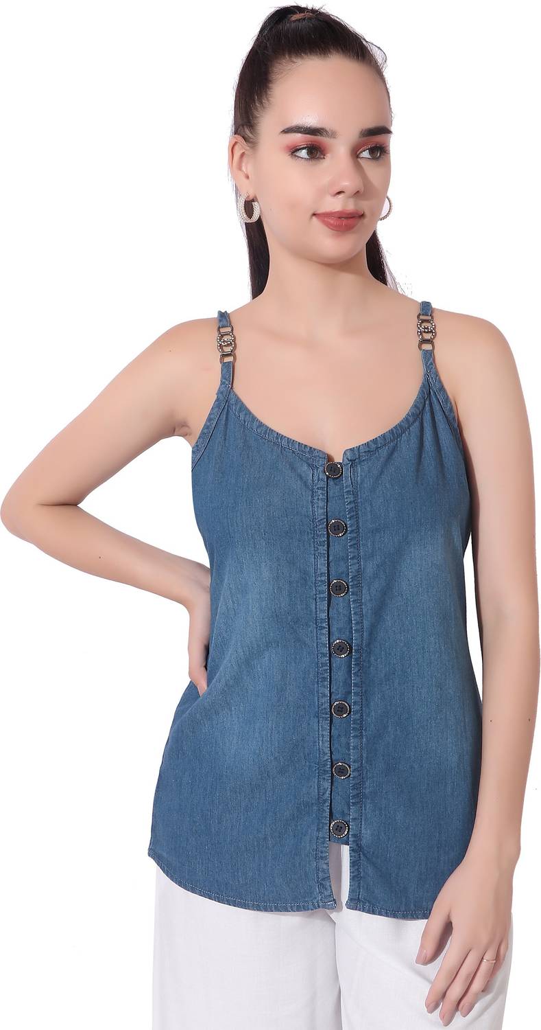 CEFALU Casual Washed, Solid Women Blue Top