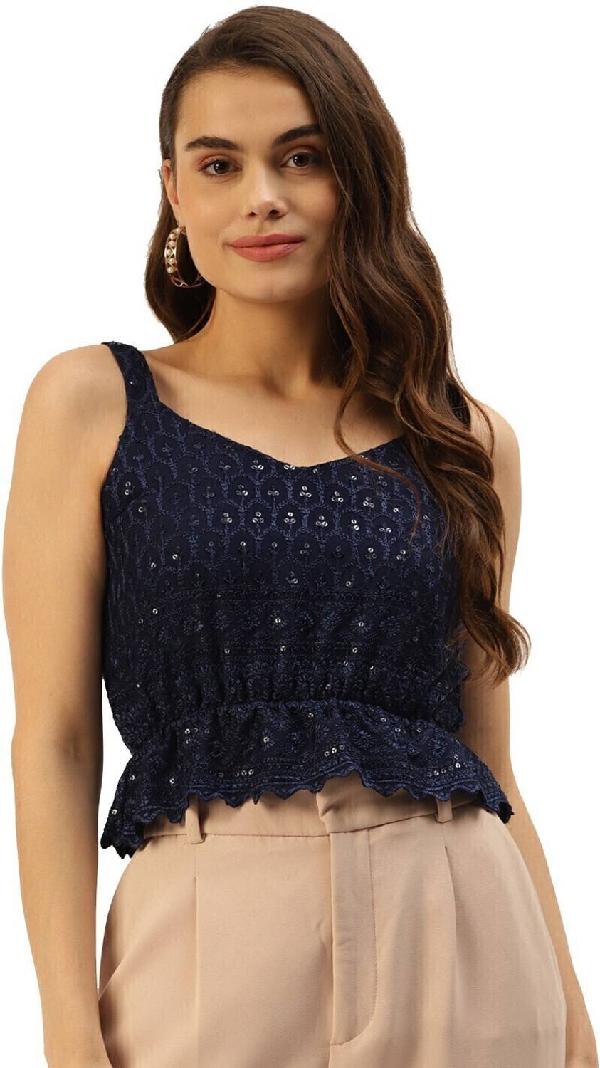 BRINNS Casual Embroidered Women Blue Top
