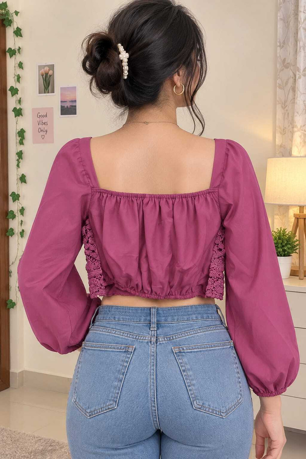 Image of urbanVyntra Party Balloon Sleeve Self Design Women Pink Top