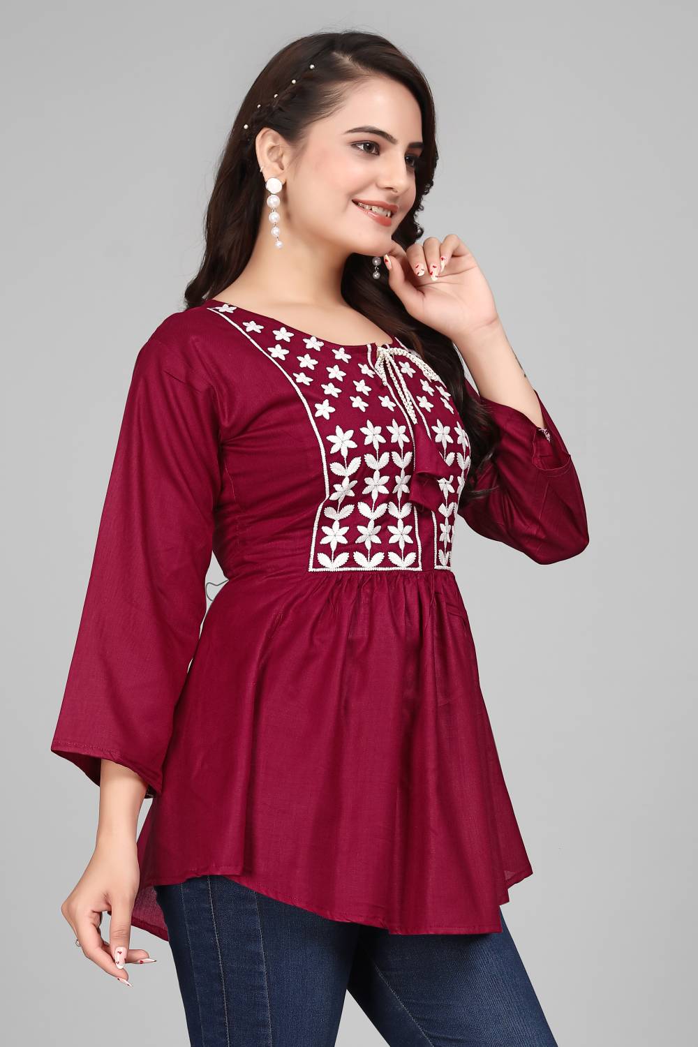 Atierking Formal Embroidered Women Maroon Top