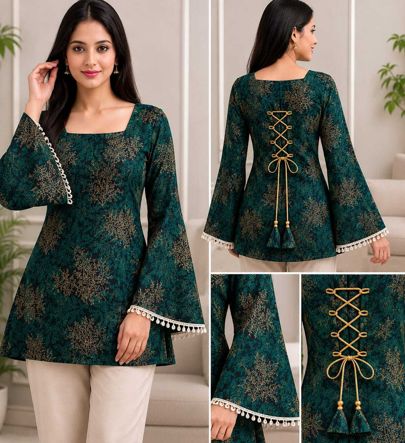 Image of Aariba Fashion Casual Printed Women Green Top