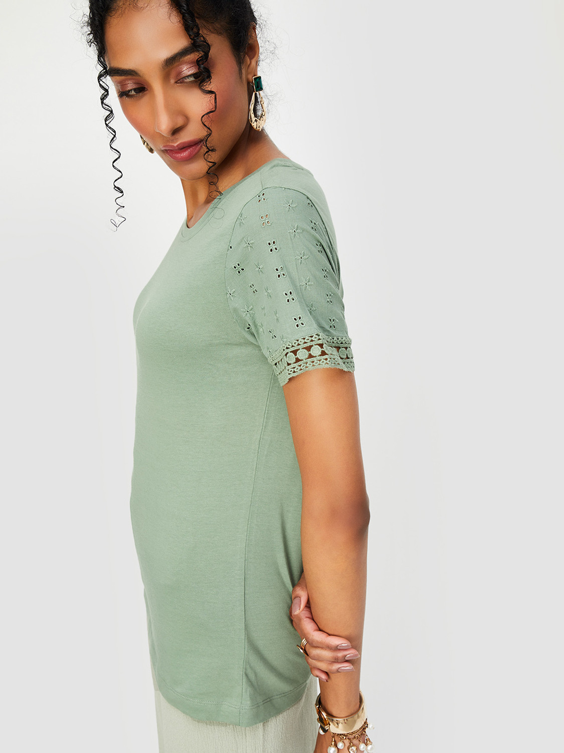 Image of MAX Casual Self Design Women Green Top