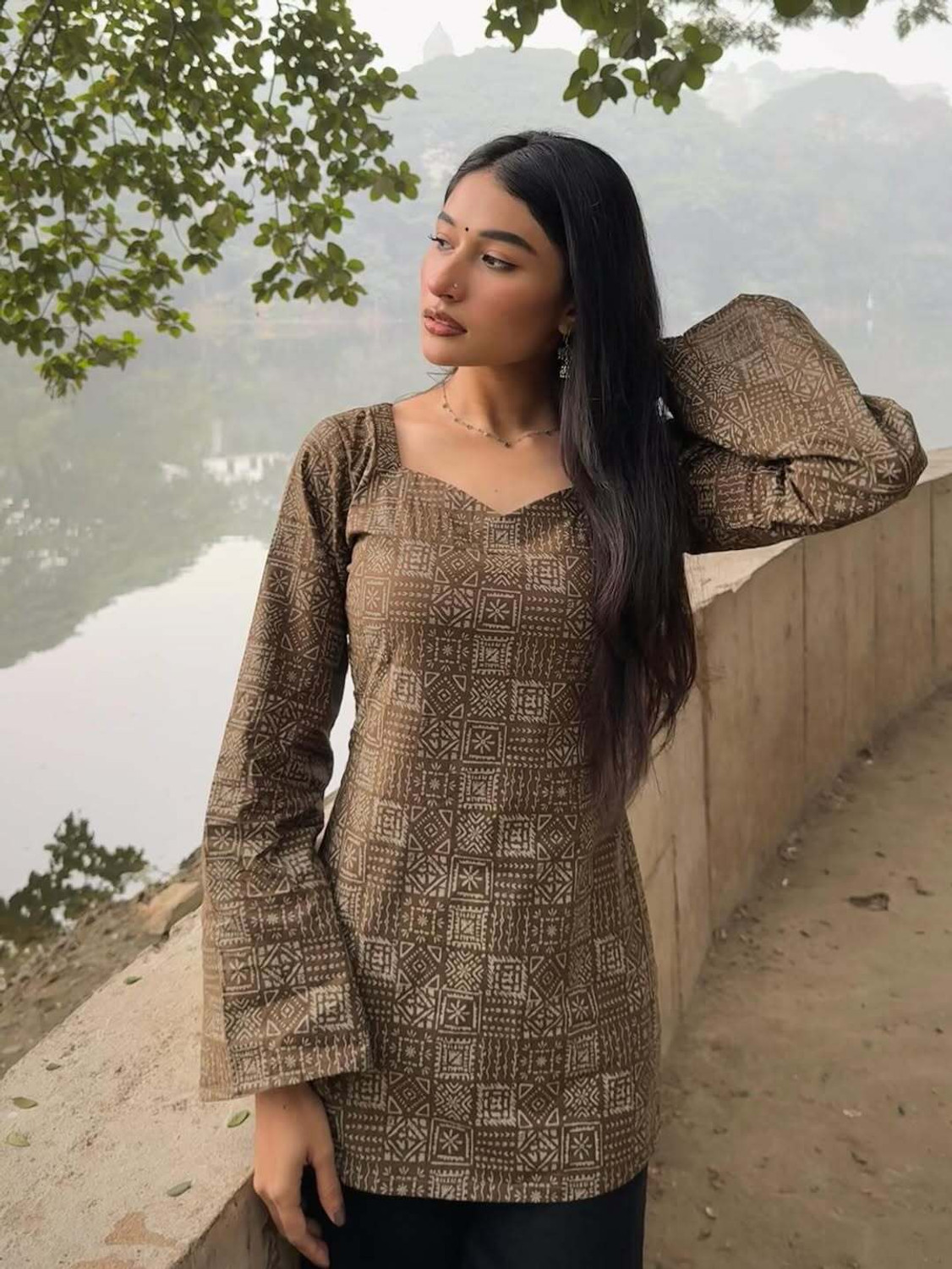 Image of VILONI Party Printed, Geometric Print, Ethnic Motifs Women Brown Top