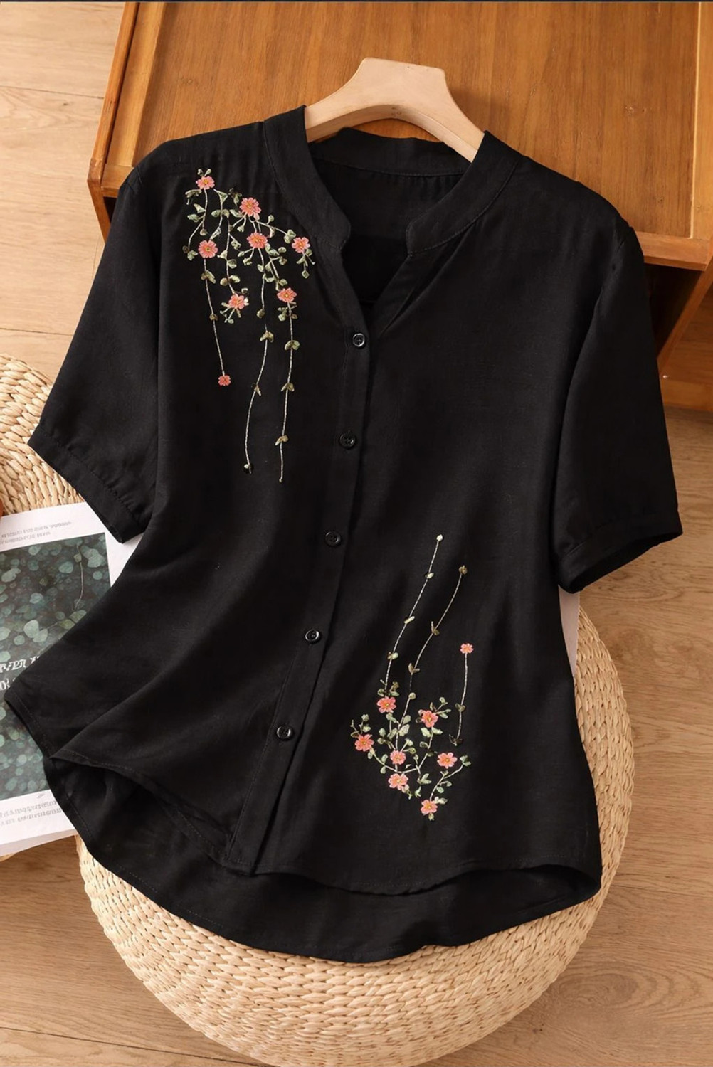 Image of Sita Ramam Fashion Casual Short Sleeve Embroidered Women Black Top