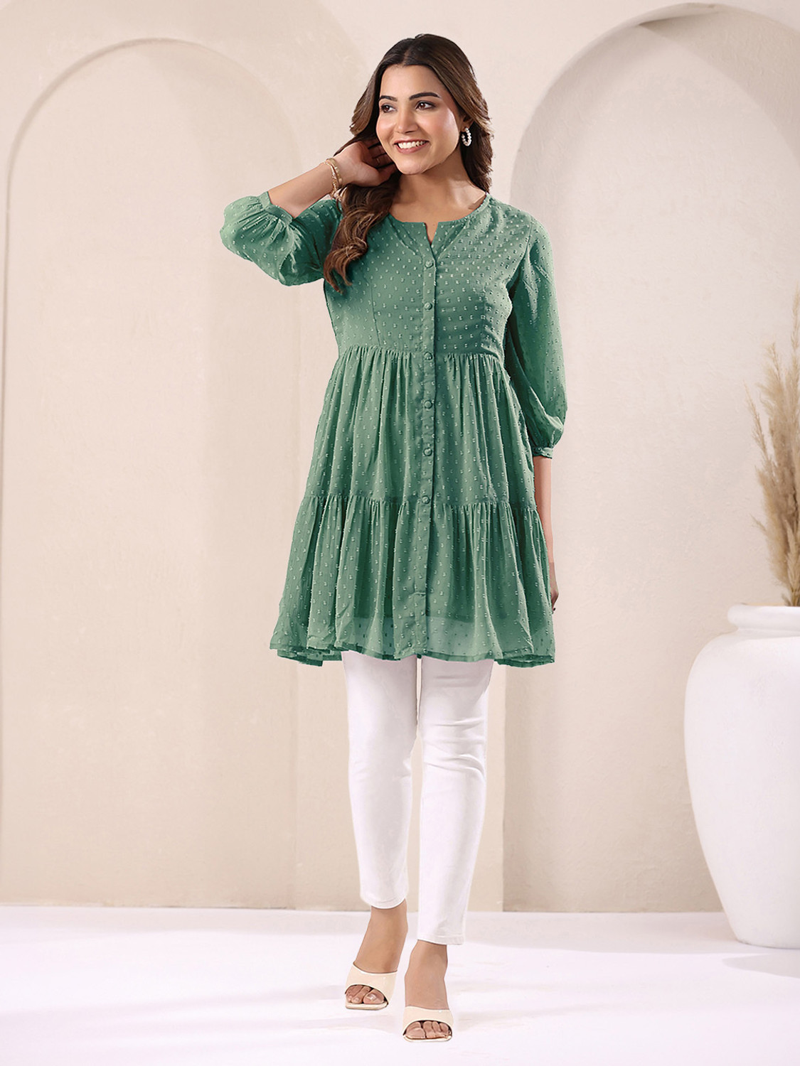 Image of Janasya Casual Polka Print Women Green Top
