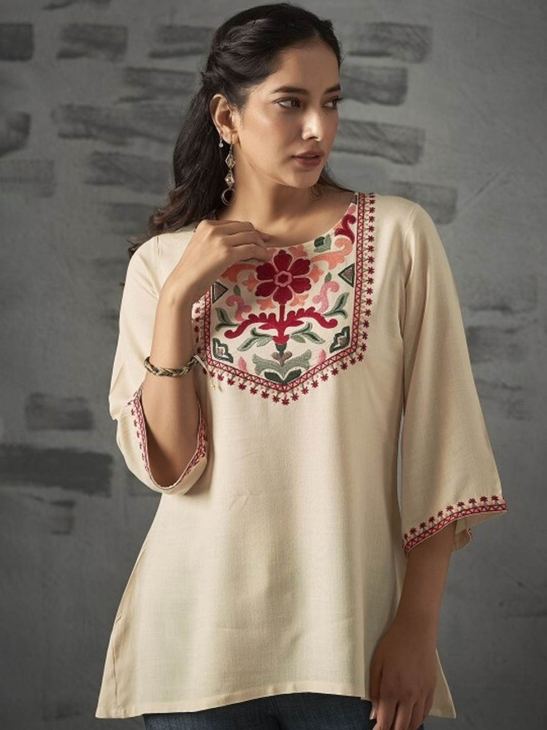 Image of ANOUK Casual Embroidered Women Beige Top
