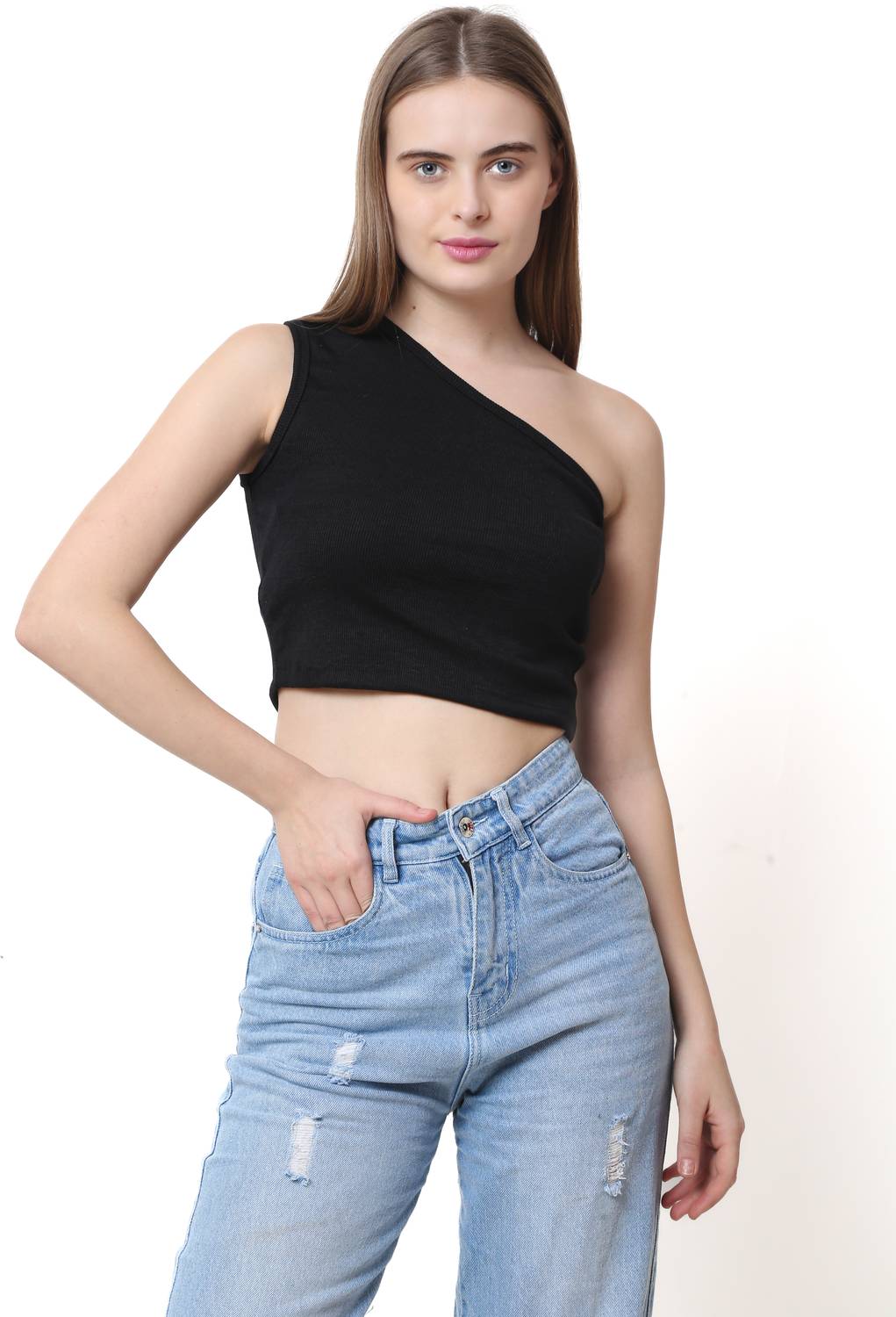 SIZI Casual One Shoulder Sleeves Solid Women Black Top