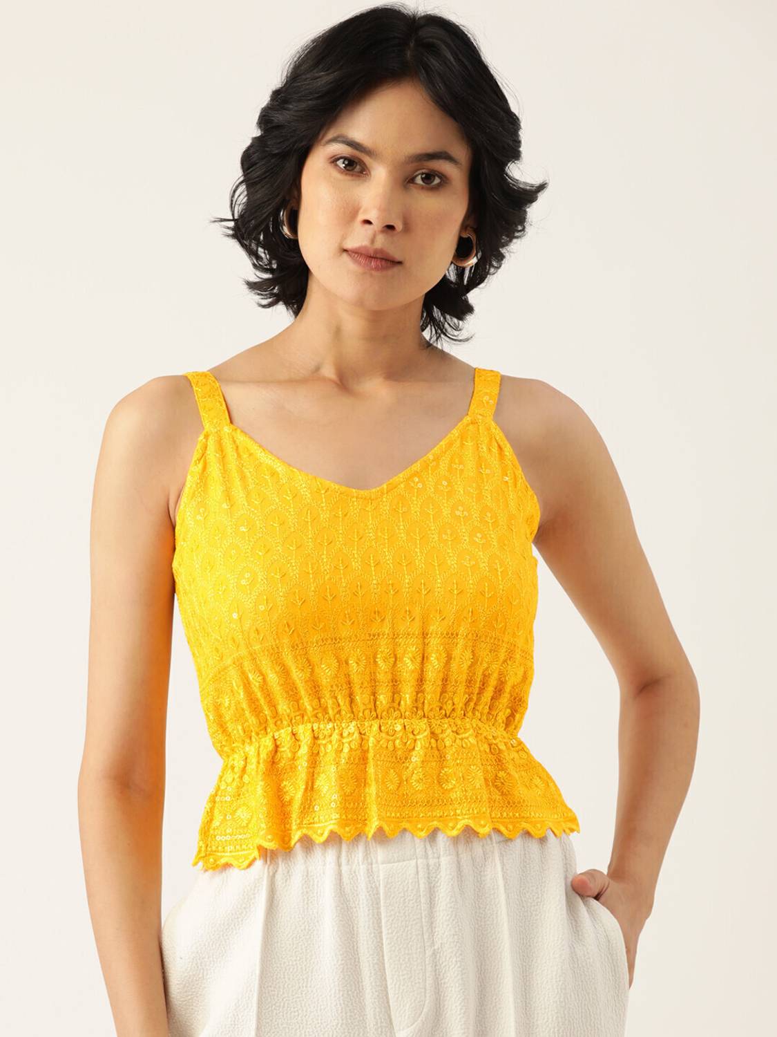 BRINNS Casual Embroidered, Embellished Women Yellow Top