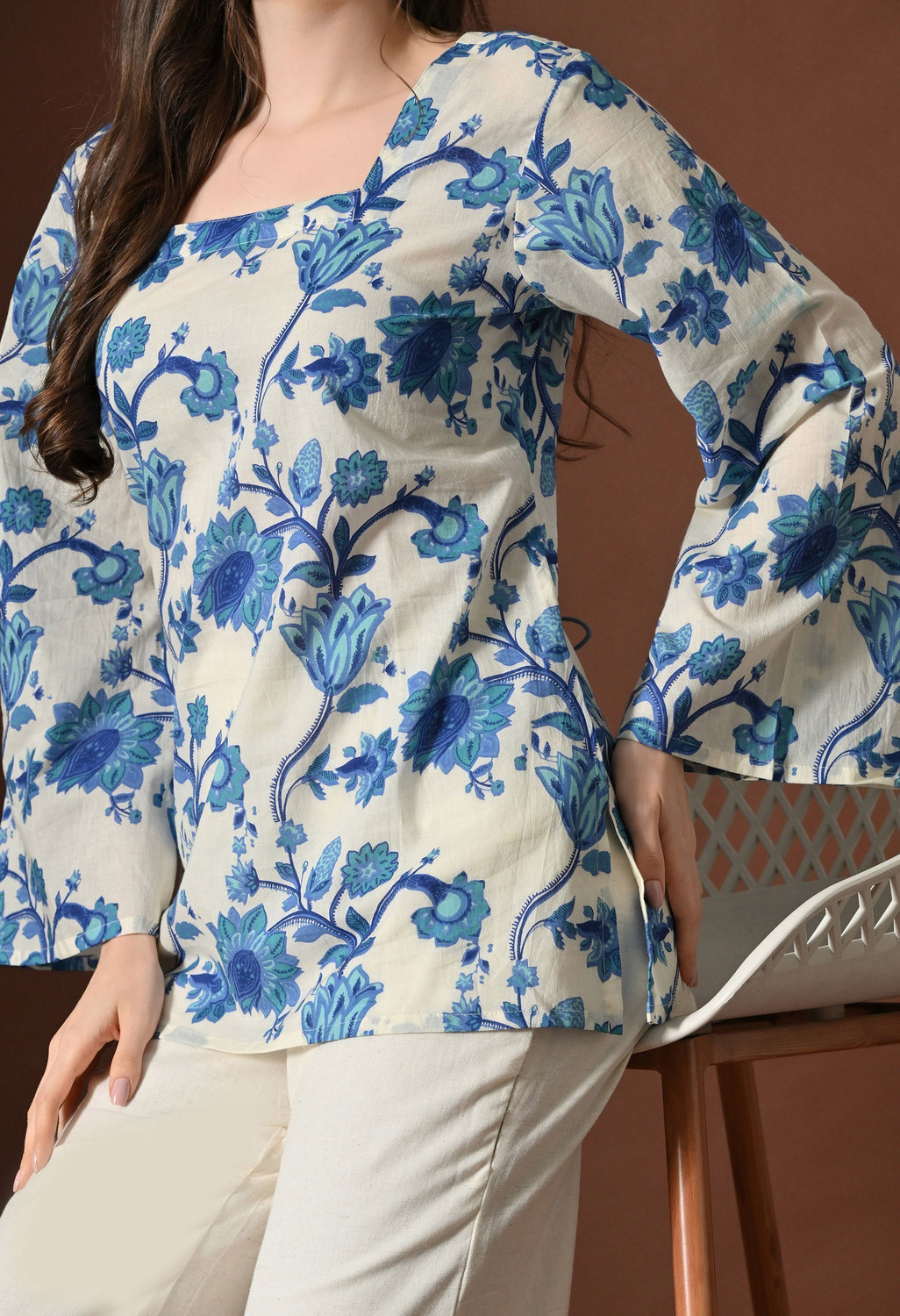 Image of SANGAKURTI Casual Floral Print Women White, Blue Top