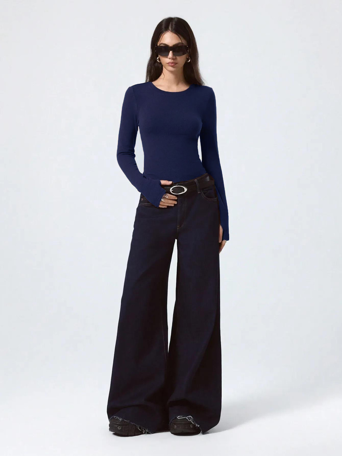 Image of KOTTY Solid Women Round Neck Navy Blue T-Shirt
