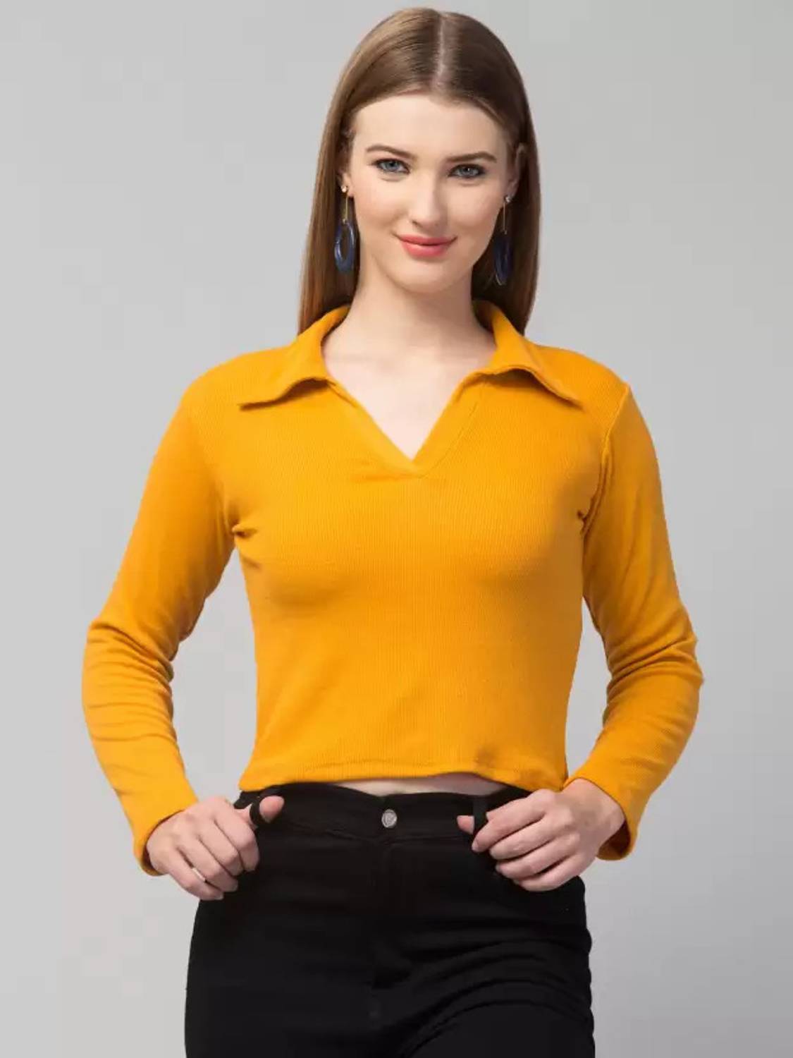 GLADLY Casual Solid Women Yellow Top