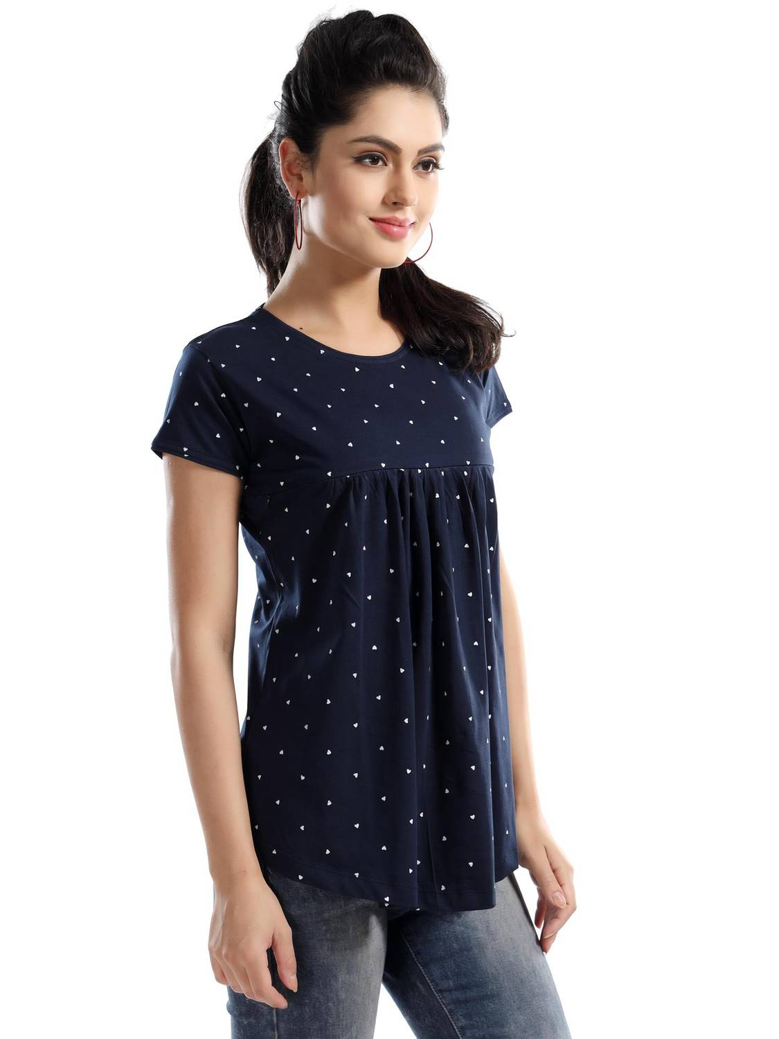 AV2 Casual Regular Sleeve Polka Print Women Dark Blue Top