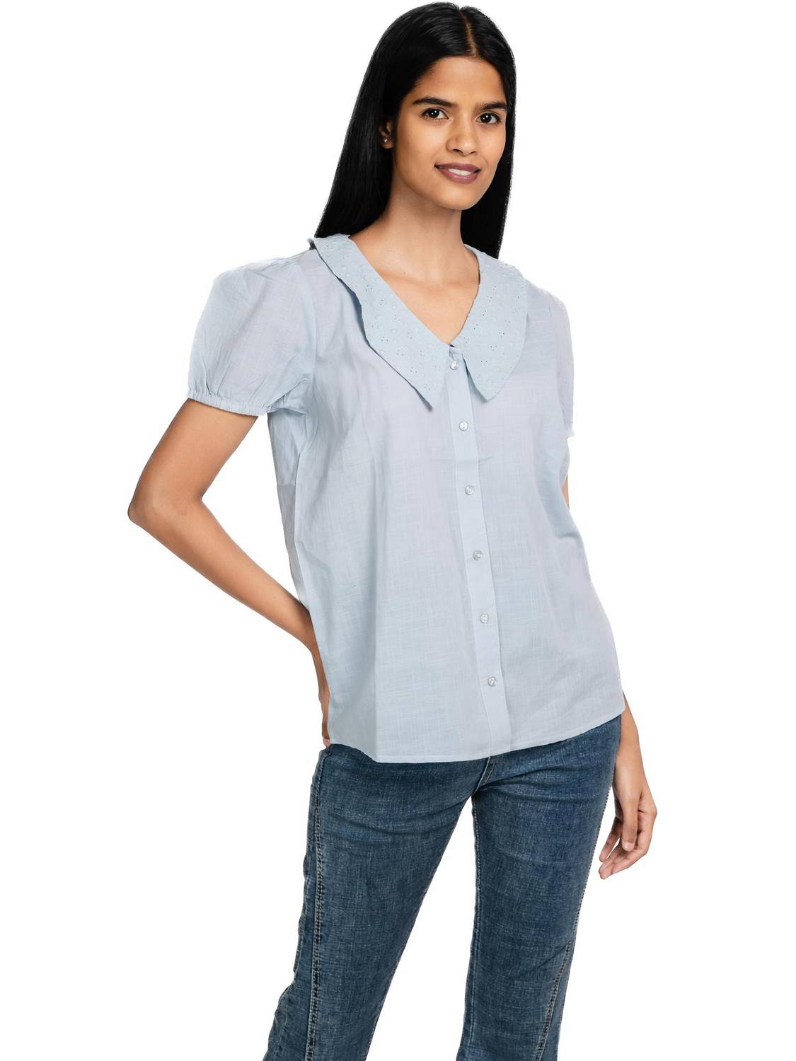 Amadore Casual Solid, Embroidered Women Blue Top