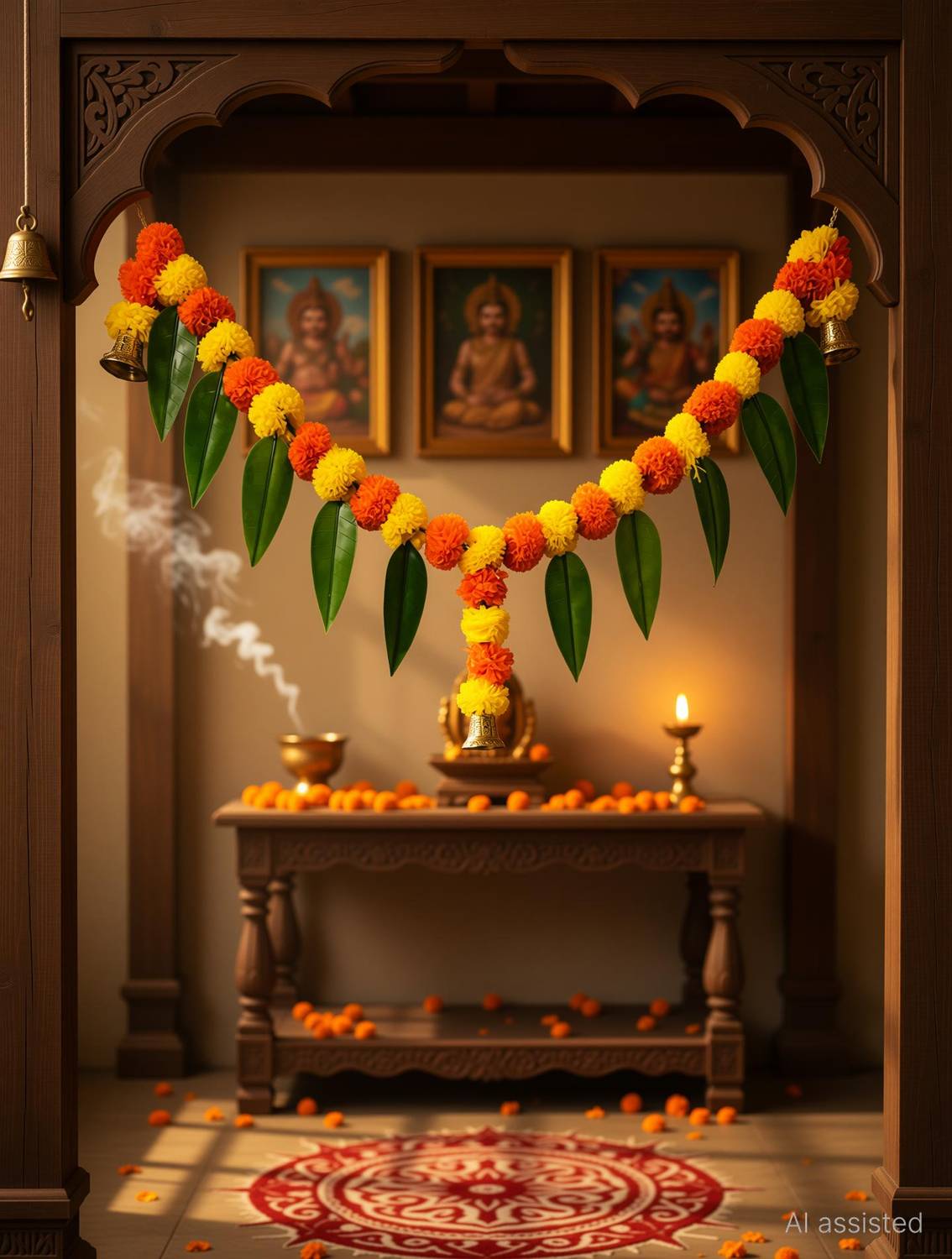 Akaar Akaar Artificial Marigold Toran/ Bandhanwar with Mango Leaves Toran