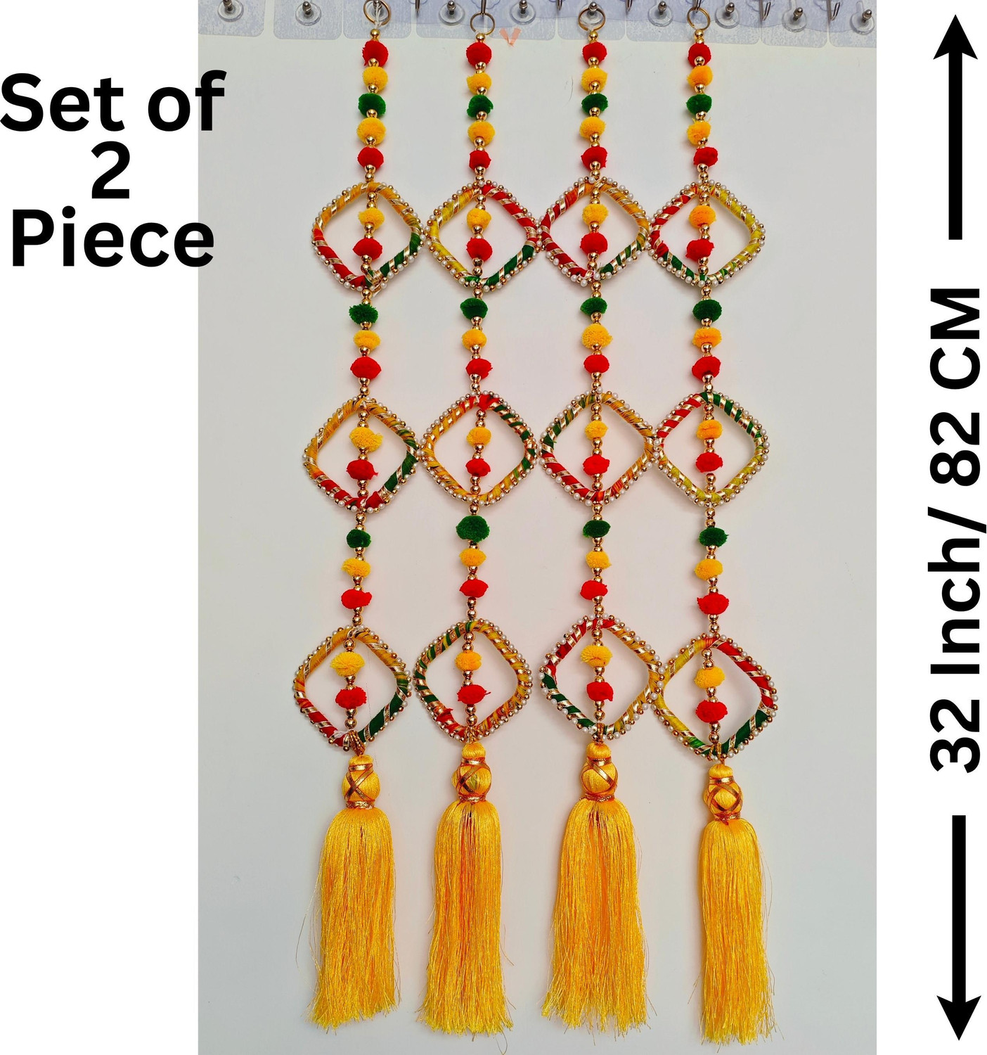 Image of Sazavat store Sazavat Store 2 Pieces Yellow Square Moti Tassel Toran for Festive Decoration Toran