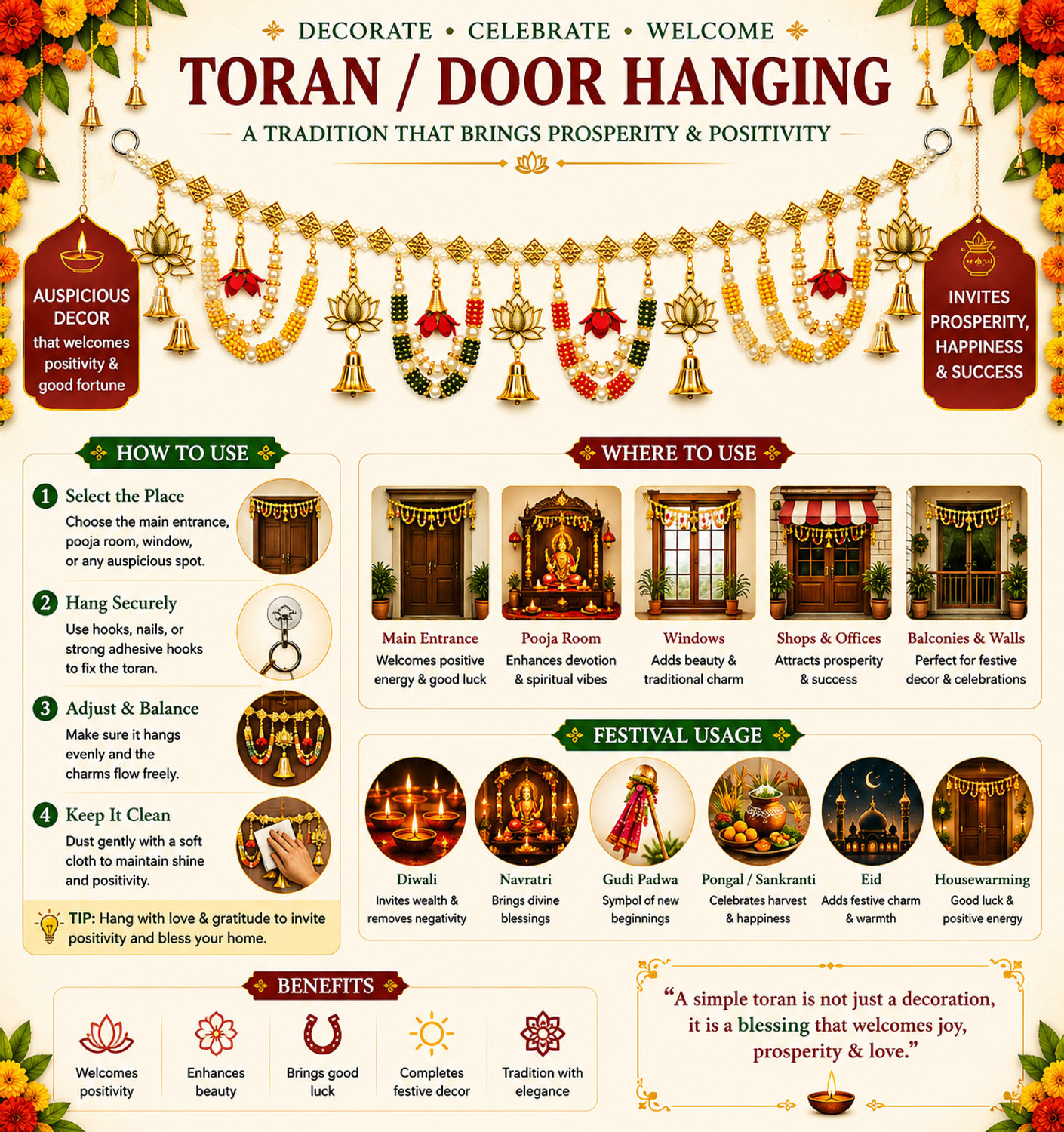 Image of chsbazar Premium Lotus Door Toran with Golden Bells & Pearl Beads Toran