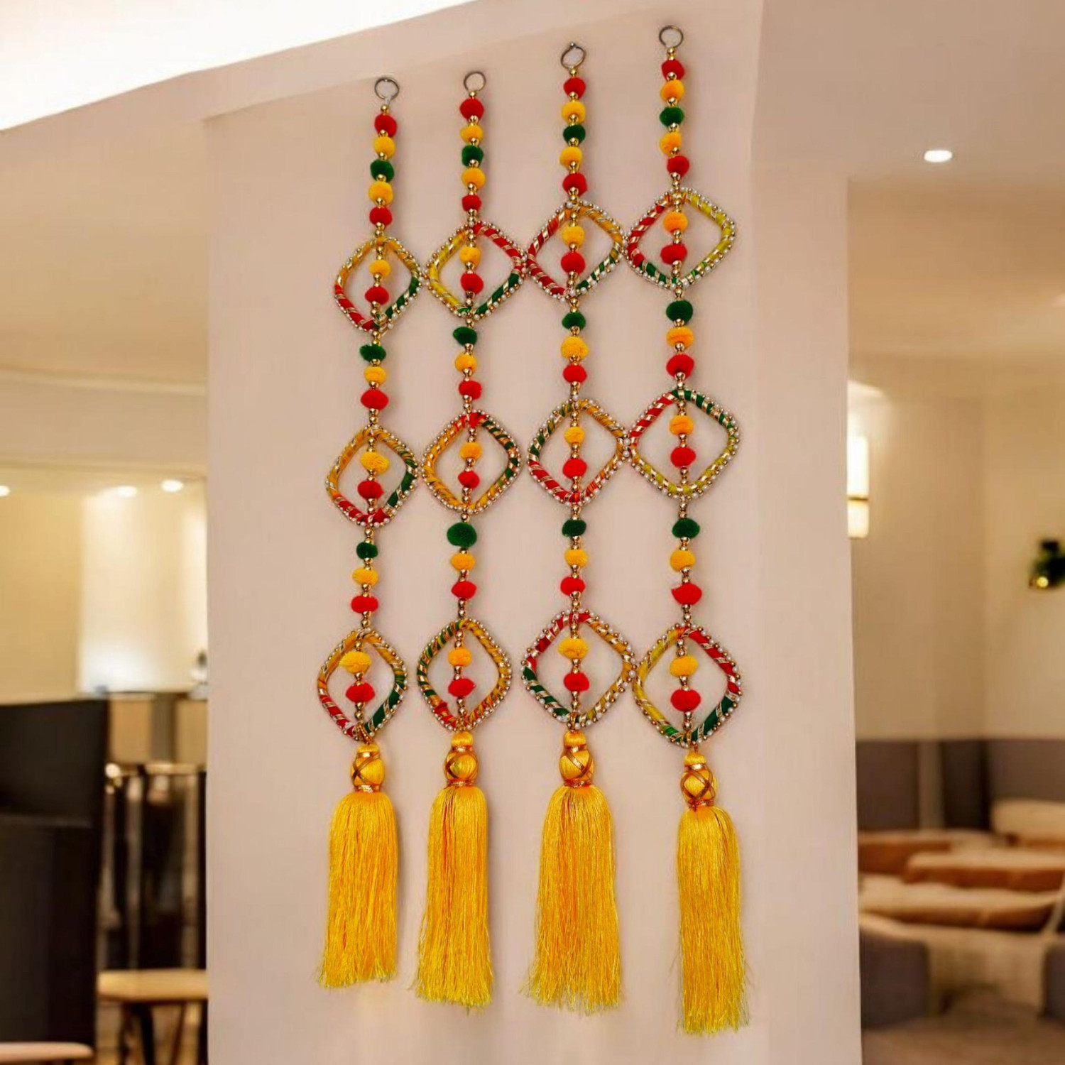 Image of Sazavat store Sazavat Store 2 Pieces Yellow Square Moti Tassel Toran for Festive Decoration Toran