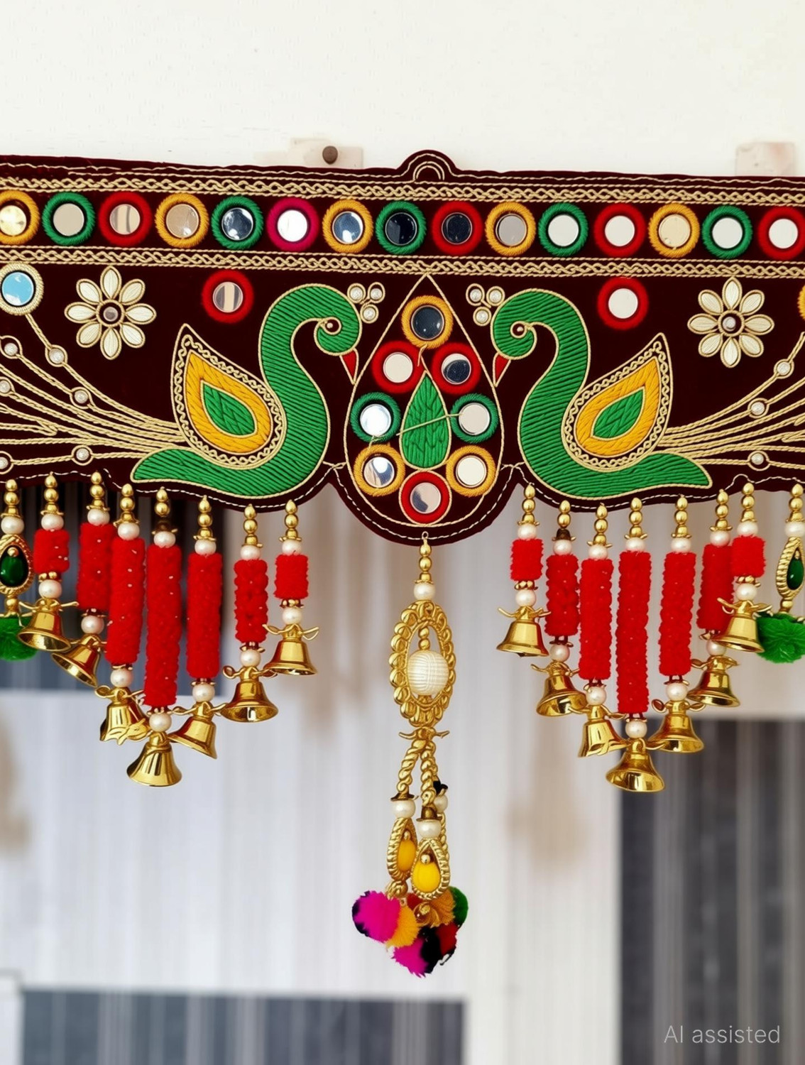 Image of P A HEALTH AND FITNESS Traditional Velvet Embroidery Peacock Jula Jhumar /Toranam Home Decor.[3FT] Toran (cotton thread)