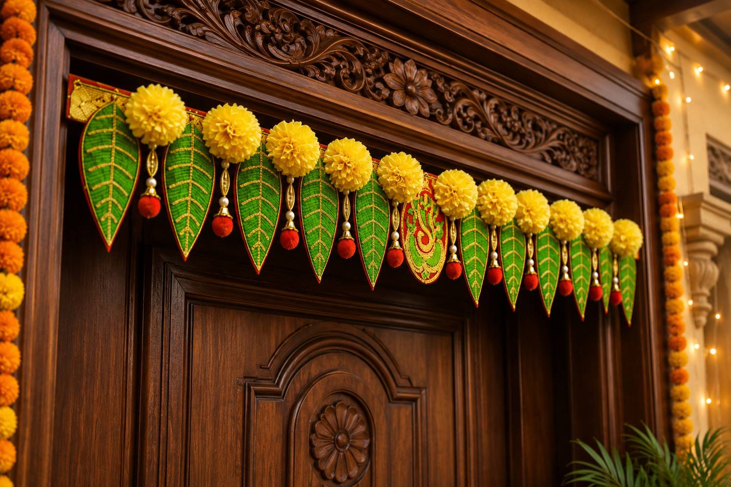 AGENZIA EXIM Ganesh pan Toran With Artificial Yellow Marigold Flower Door Toran.(Pack Of 1) Toran