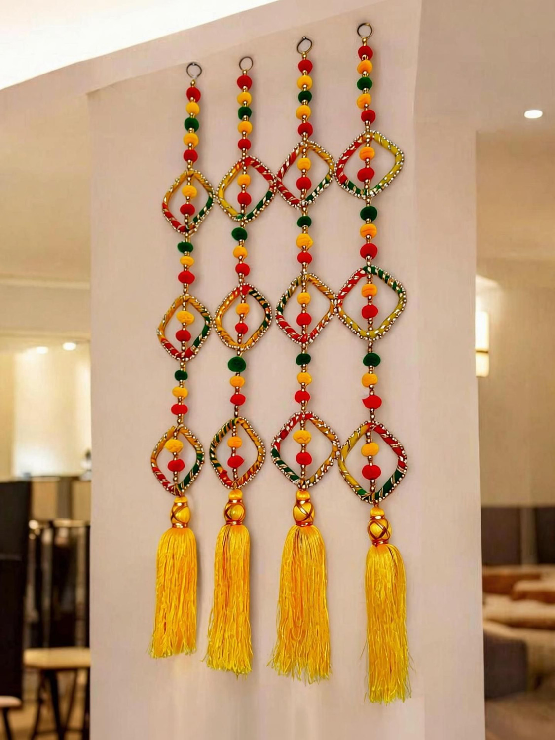 Image of Sazavat store Sazavat Store 2 Pieces Yellow Square Moti Tassel Toran for Festive Decoration Toran