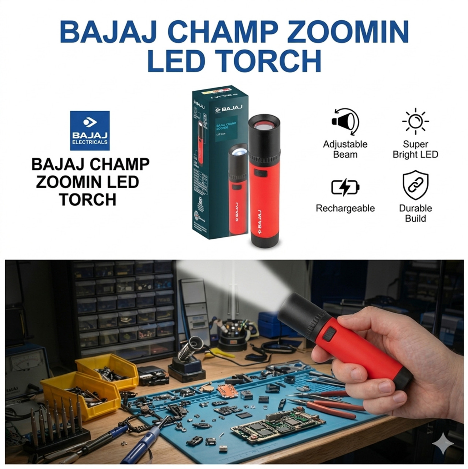 Image of BAJAJ 1W (ZOOMIN NEW ) LED TORCH RED, YELLOW PACK OF-02 PES Torch
