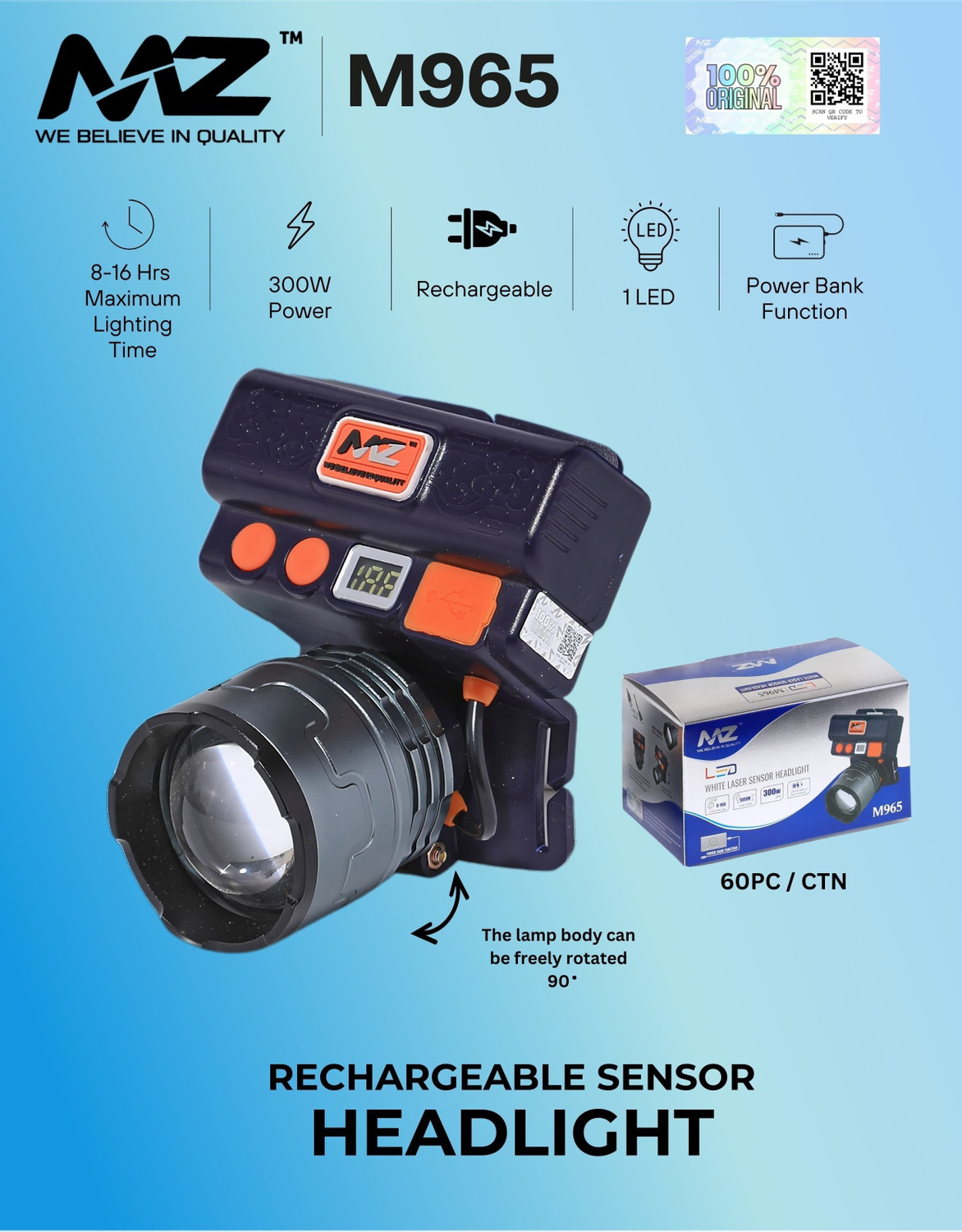 Image of MZ M965 (Rechargeable LED Headlamp) 300W with Sensor 8-16 Hours Working Torch
