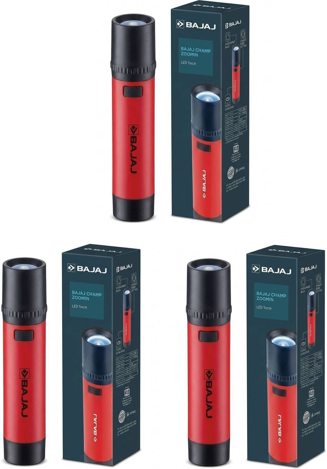 BAJAJ 1W (ZOOMIN NEW ) LED TORCH RED PACK OF-03 Torch