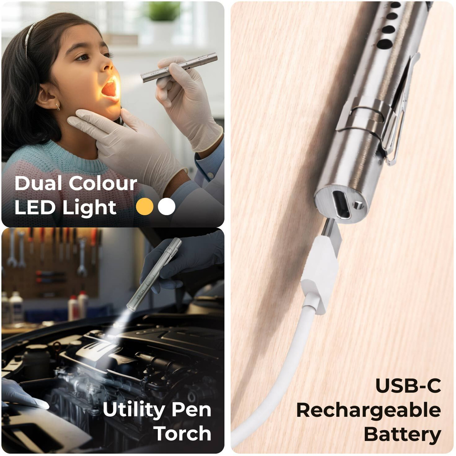 Image of xech Rechargeable LED Pen Torch Dual Light USB-C Steel Pocket Flashlight X-019 TorchX Torch