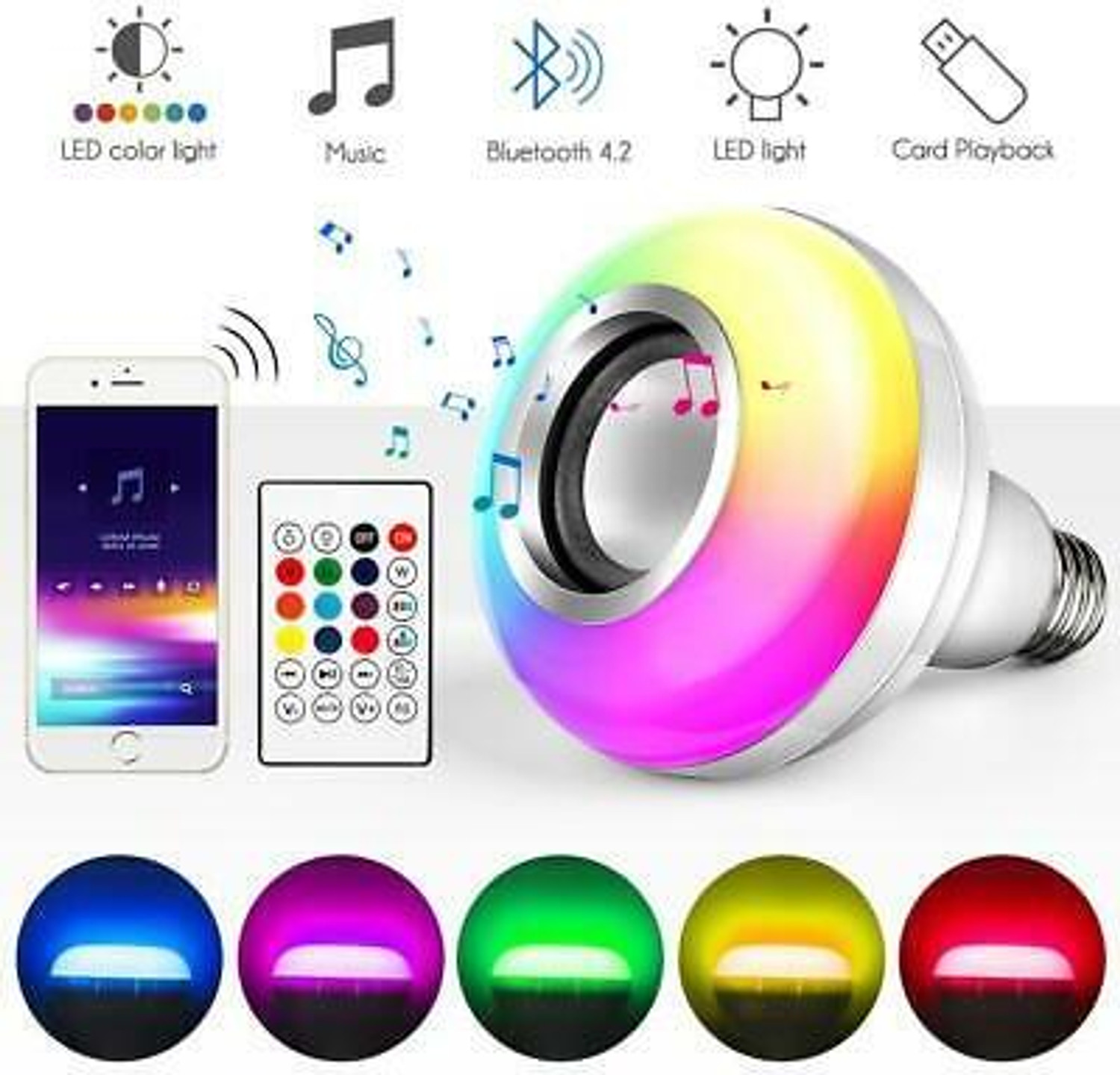 Image of iDOLESHOP Bluetooth Music LED Light Bulb Colourful Built-in Audio Speaker With Remote Torch