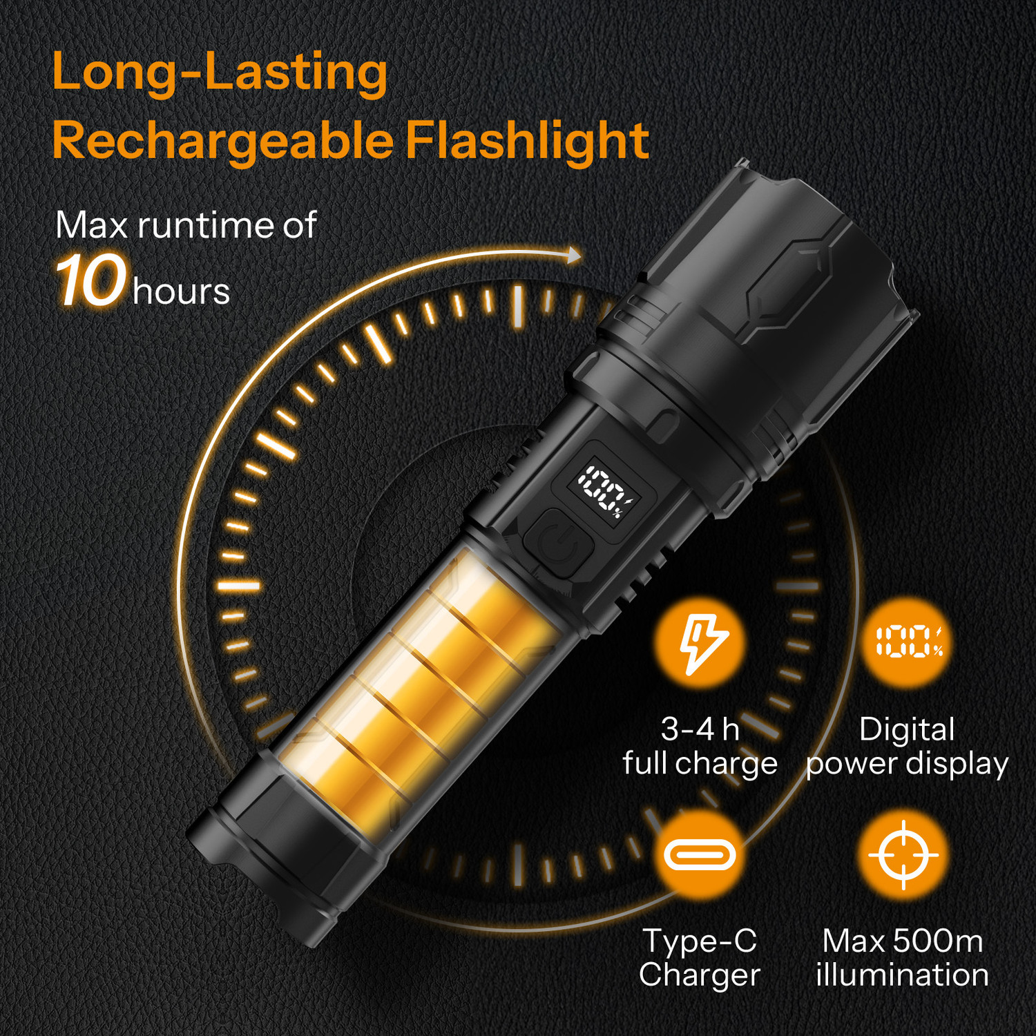 Image of UN1QUE 1800mAh LED Flashlight with 4 Light Modes & USB Output Port, Hand Light Torch
