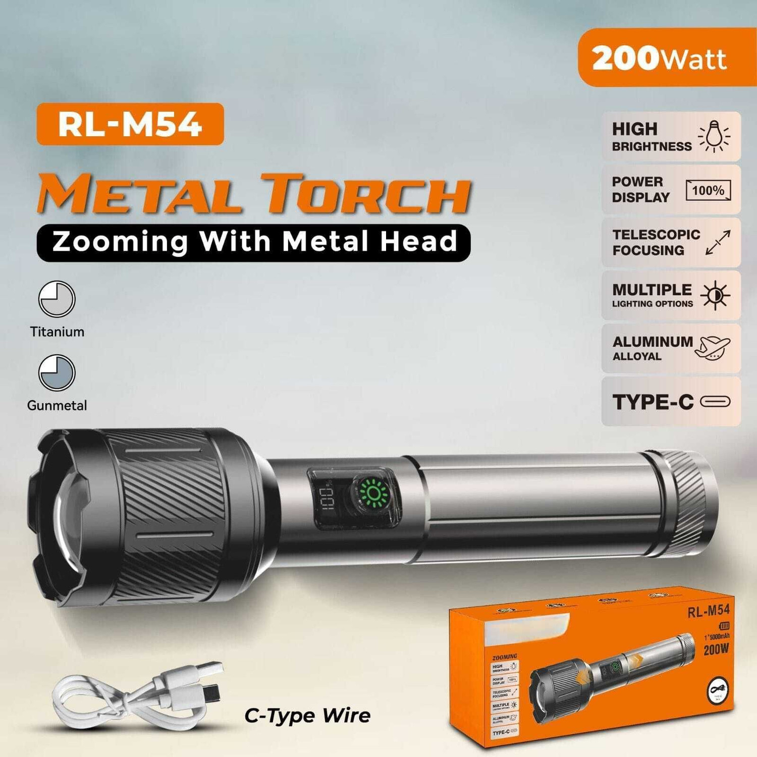 Image of Kay-Joy RL-M54 200W Metal Torch Light with Zoom & Type-C Charging Torch