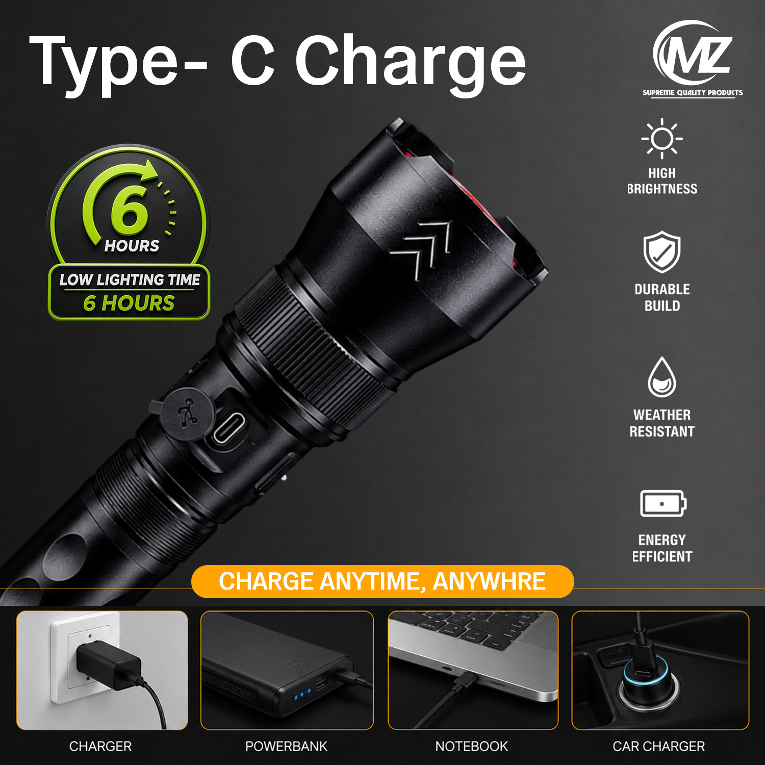 Image of MZ Super Bright Zoomable Rechargeable Metal Search Light with 4000mAh Battery 6 hrs Torch Emergency Light
