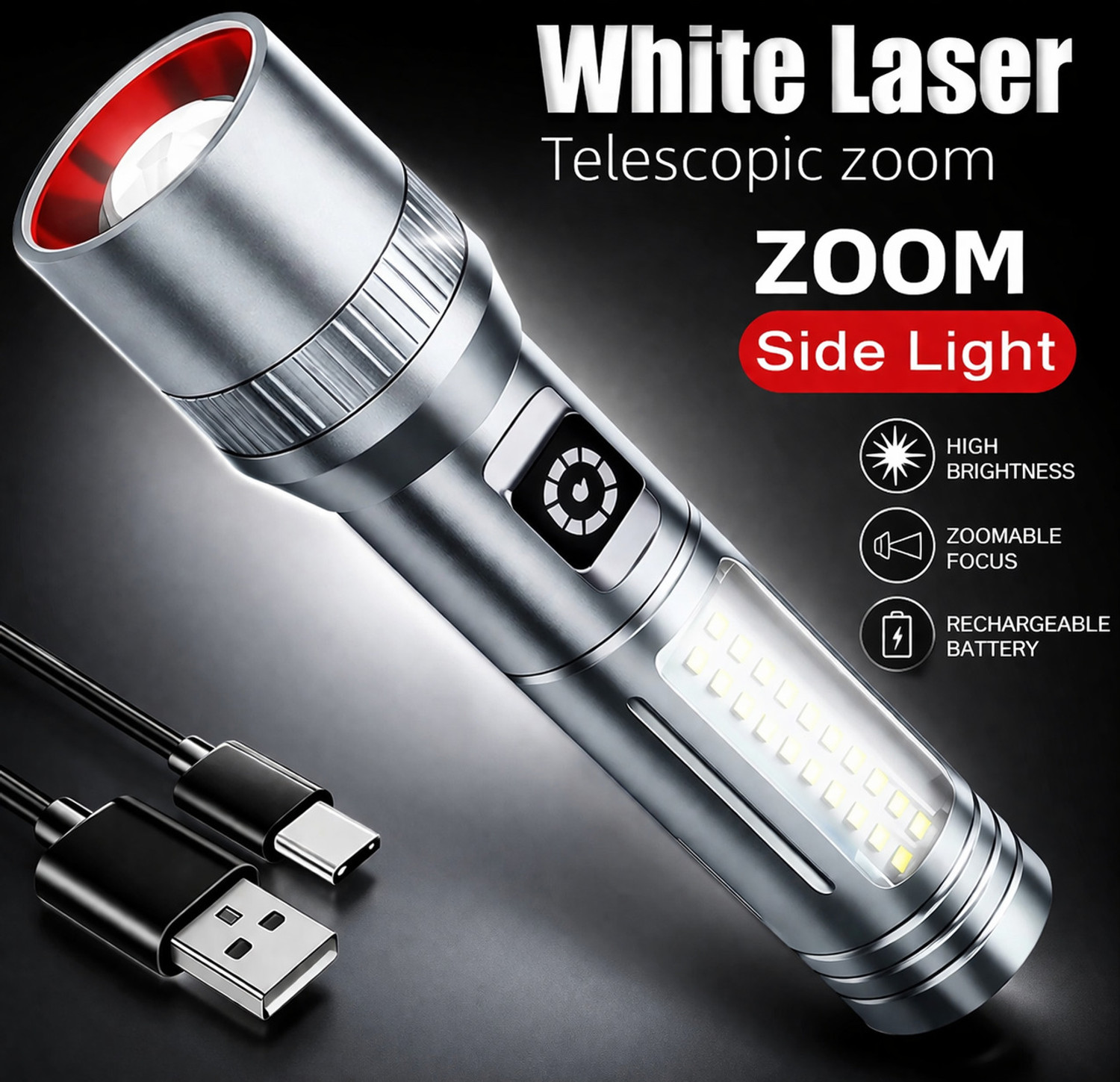 Image of CRENTILA M15 High Power LED Torch with Zoom Focus & Side Light, Rechargeable Flashlight Torch