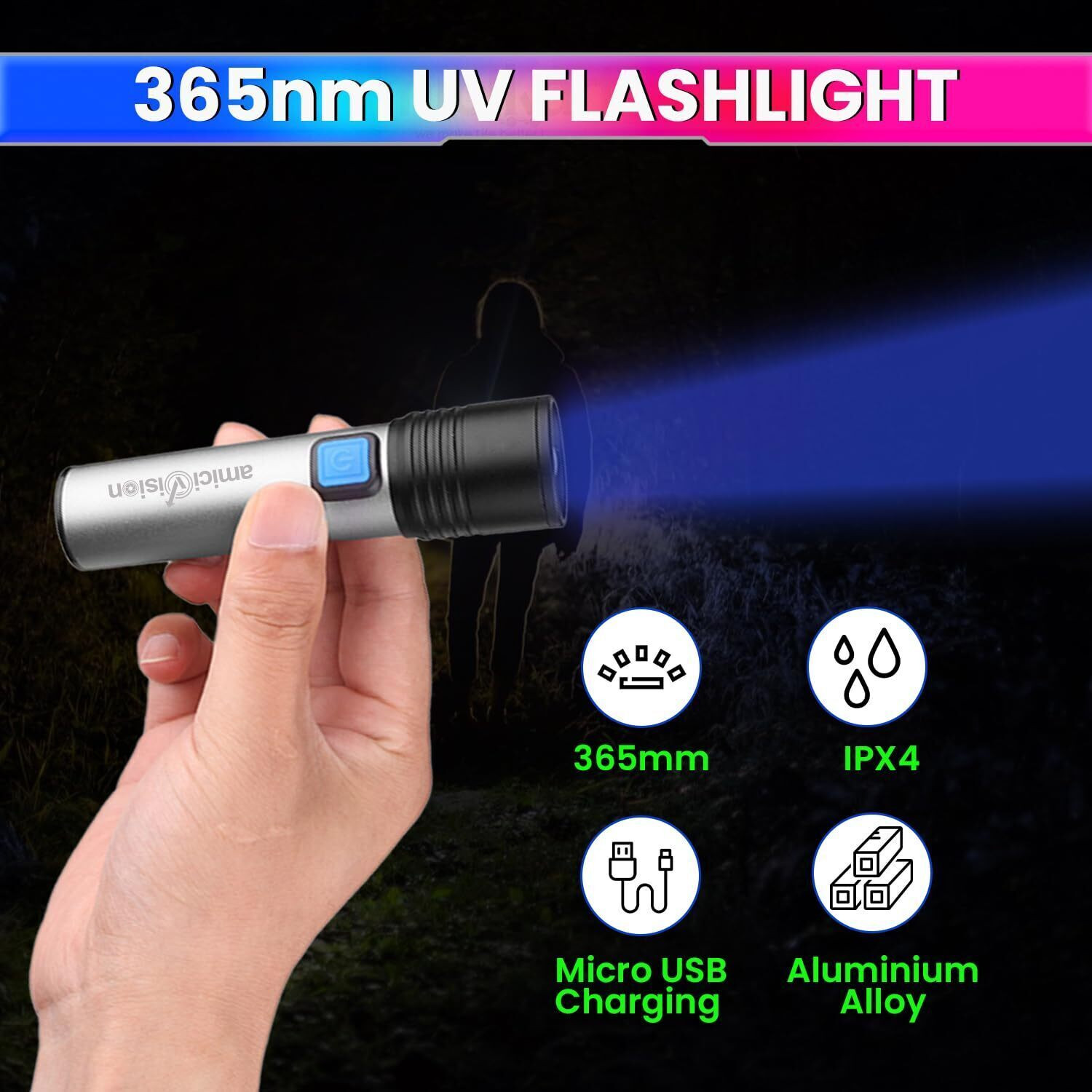 Image of amiciVision 365nm UV Flashlight - Rechargeable Ultraviolet Black Light with 4-Modes Torch