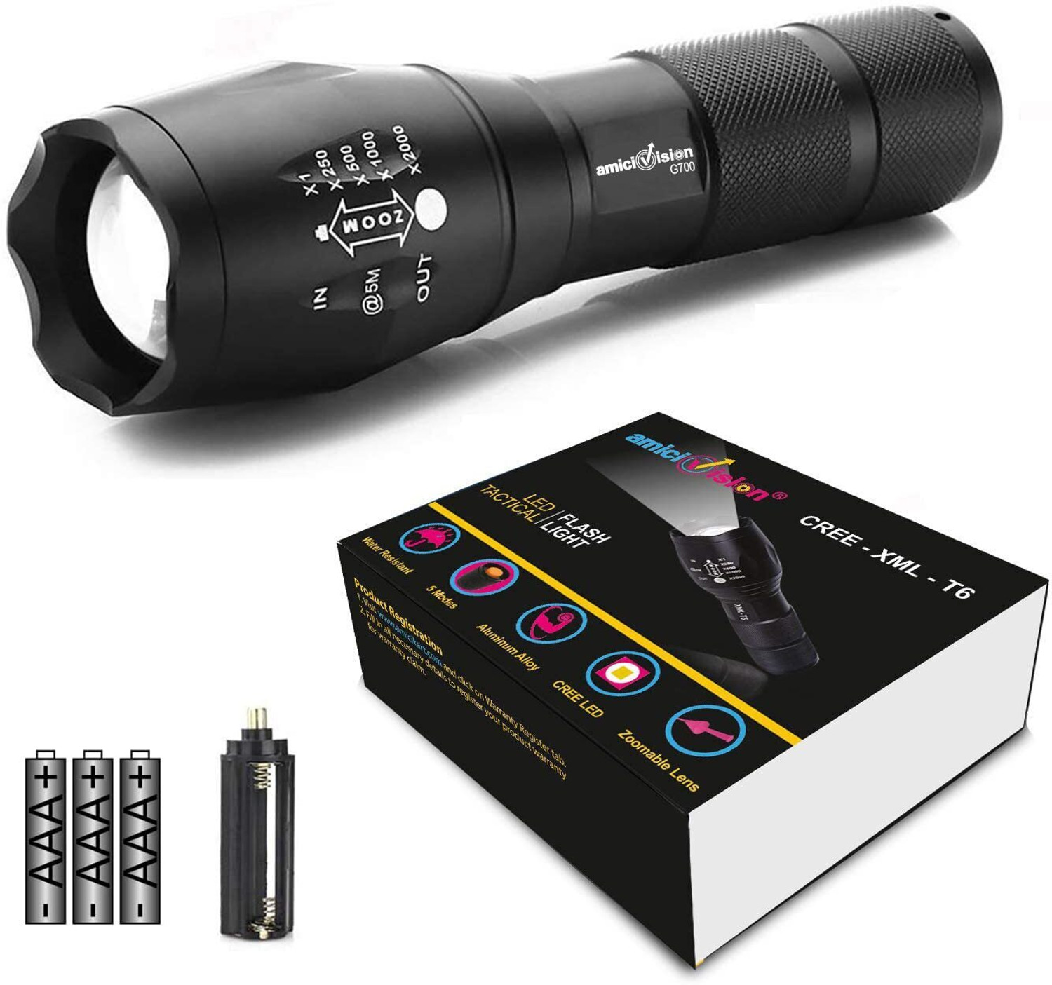 Image of amiciVision Flashlight LED Tactical Best T6 G700 Water Resistance 5 Modes Adjustable Focus Torch