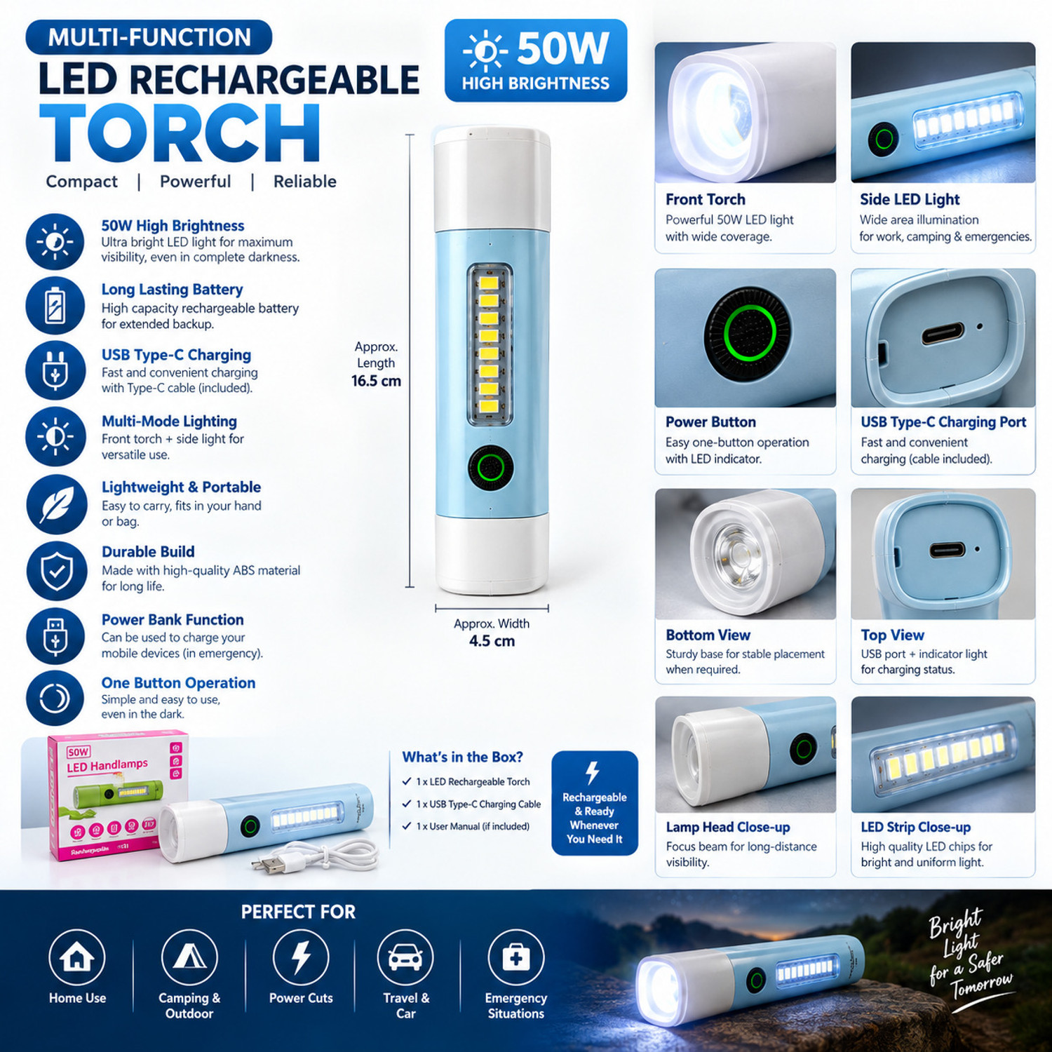 Image of GM POWER TORCH 50W Torch (White, 20 cm, Rechargeable)
