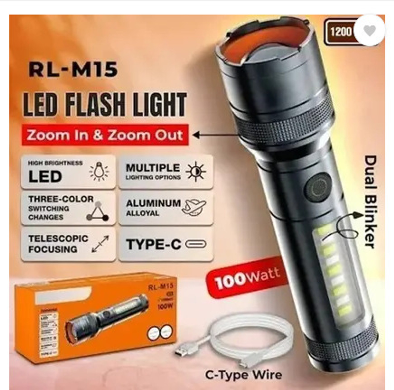 Image of FAVOURABLE M 15 Metal Led Light Long Range 1000 Meter|1 Km High Power Zoomable & Type-c Torch