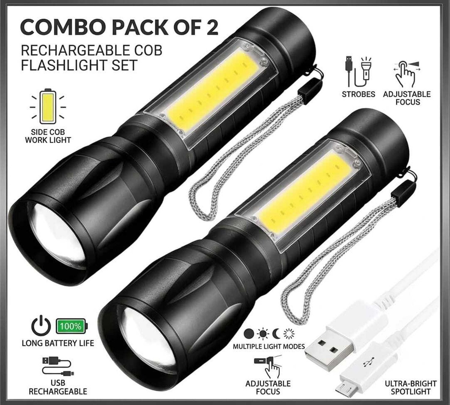 Image of Oximus Pro Series Pack Of 2 (911 torch) Rechargeable LED Flashlight Zoomable Waterproof Torch (Black, 12 cm, Rechargeable)