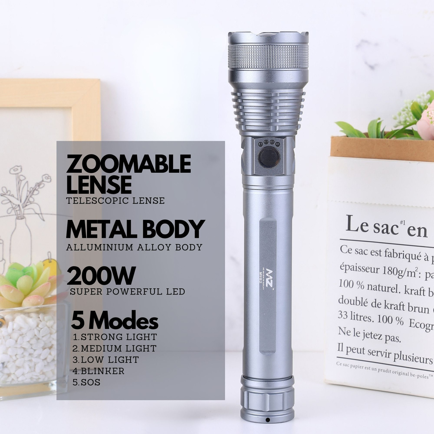 Image of MZ M982 (ZOOMABLE METAL LED TORCH)5 Modes Flashlight, Super Bright 200 W LED Light Torch