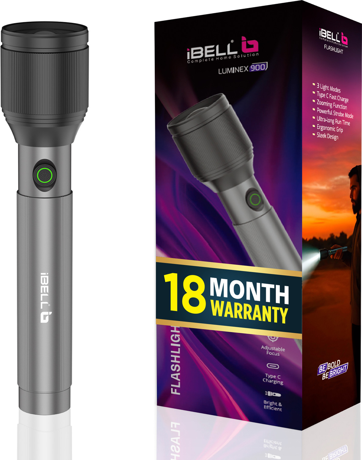 Image of iBELL LUMINEX900 Rechargeable Torch light,3 Light Mode,Telescopic Zoom,Type C Charging Torch
