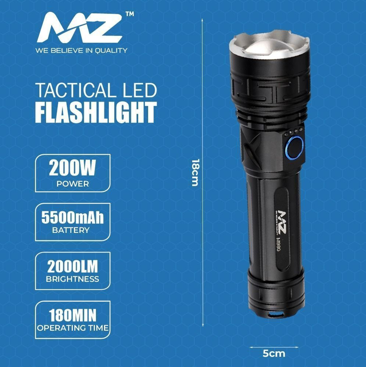 Image of MZ M980 (RECHARGEABLE LED METAL TORCH) Zoomable 200W with 5500mAh Battery Torch