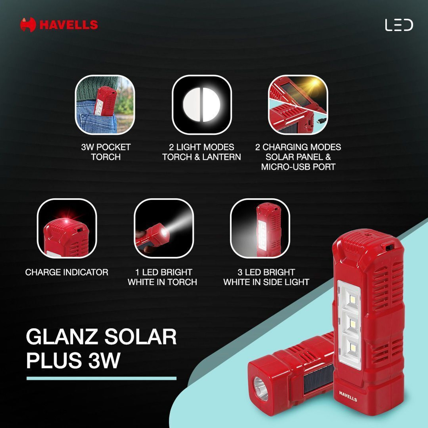 Image of HAVELLS Glanz Solar Plus 3W Torch
