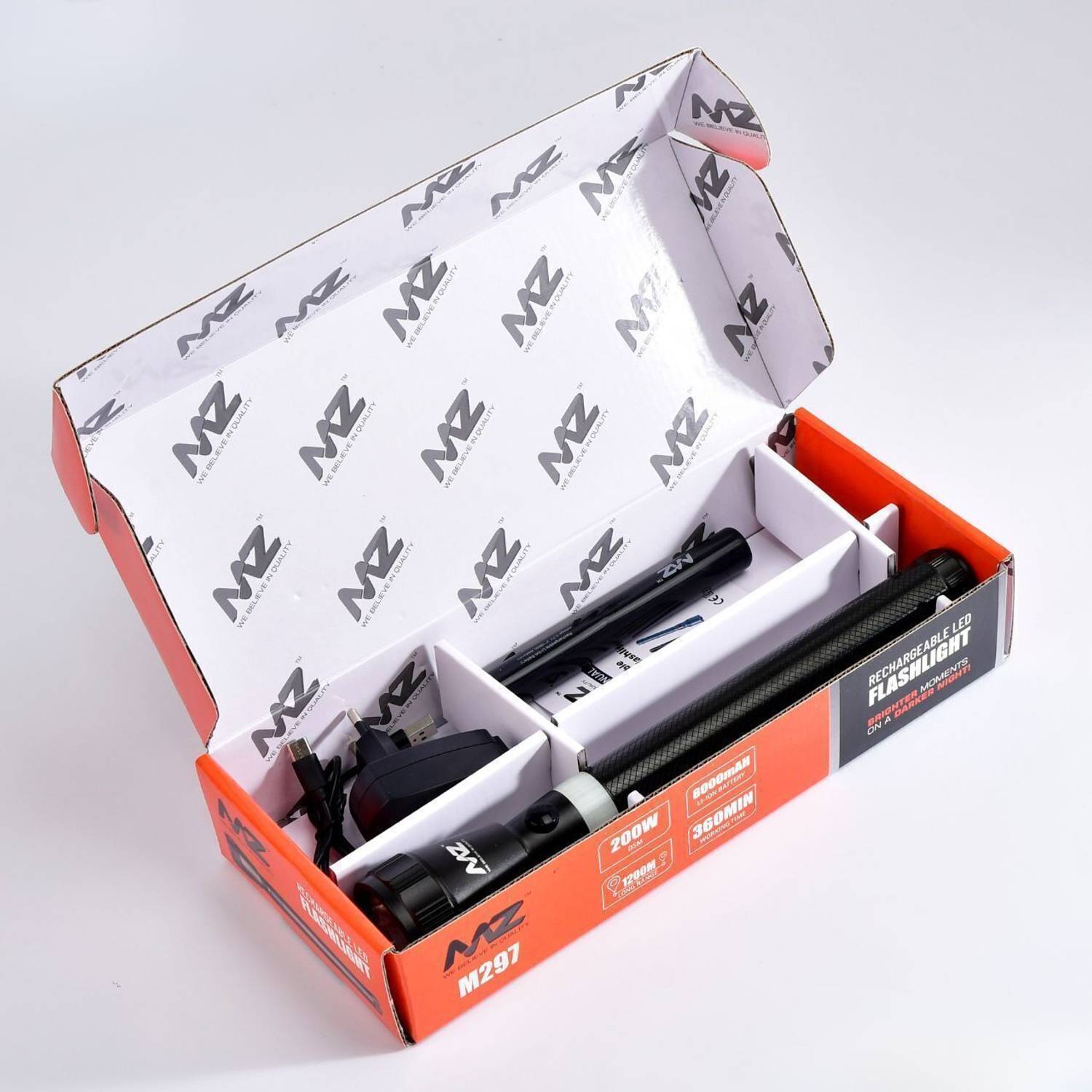 MZ M297-LED RECHARGLE FLASHLIGHT-8000 mAh Battery, Super Bright