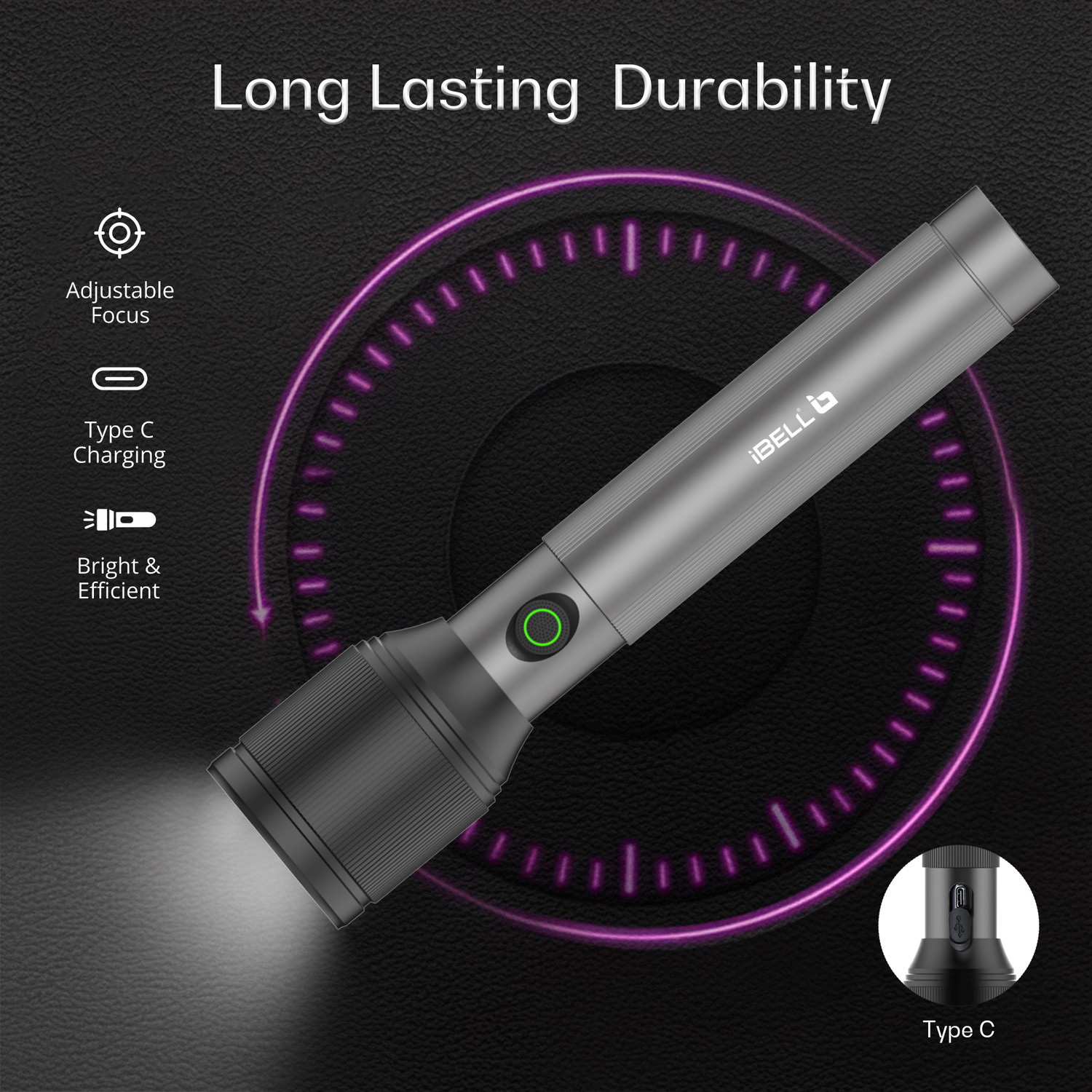 Image of iBELL LUMINEX900 Rechargeable Torch light,3 Light Mode,Telescopic Zoom,Type C Charging Torch