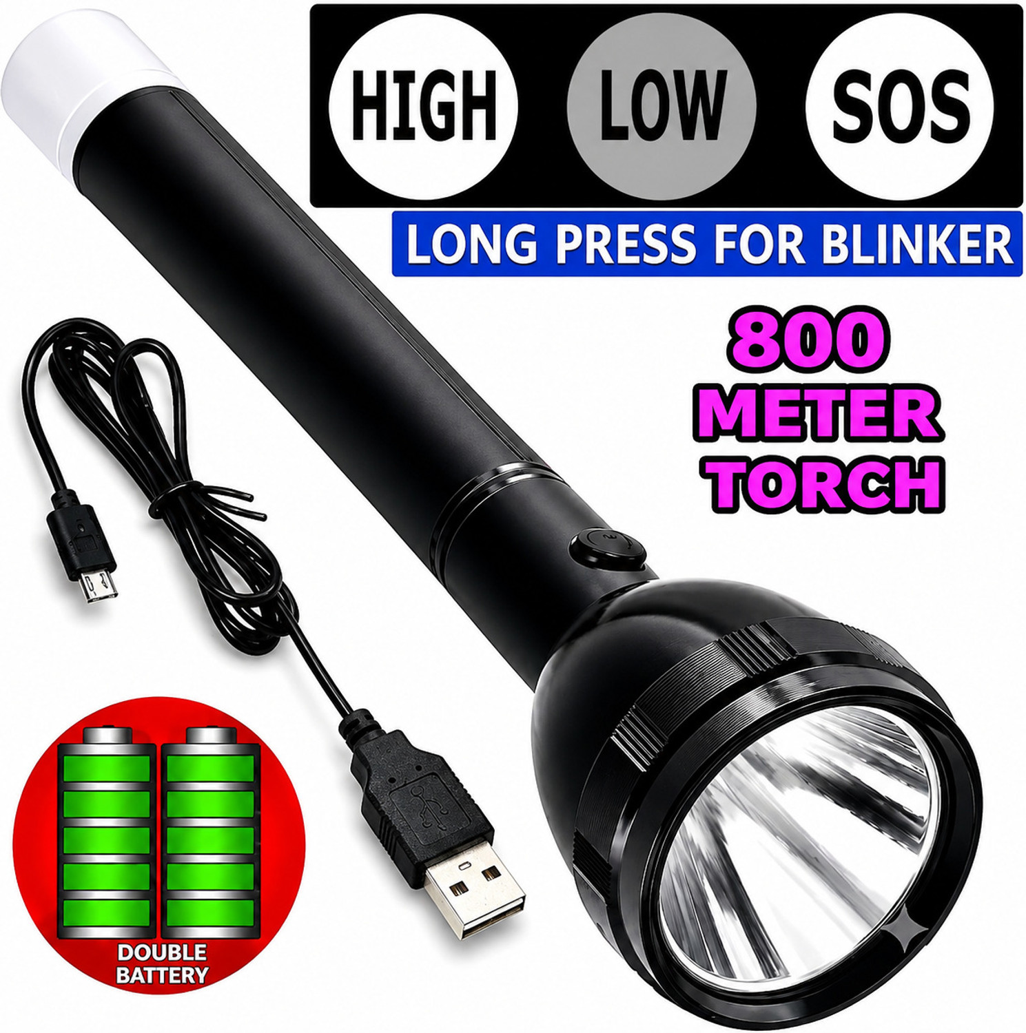 Image of Aubade Rechargeable 2 in 1 Long Distance Torch Up to 1 Km high power & Dual Battery Torch