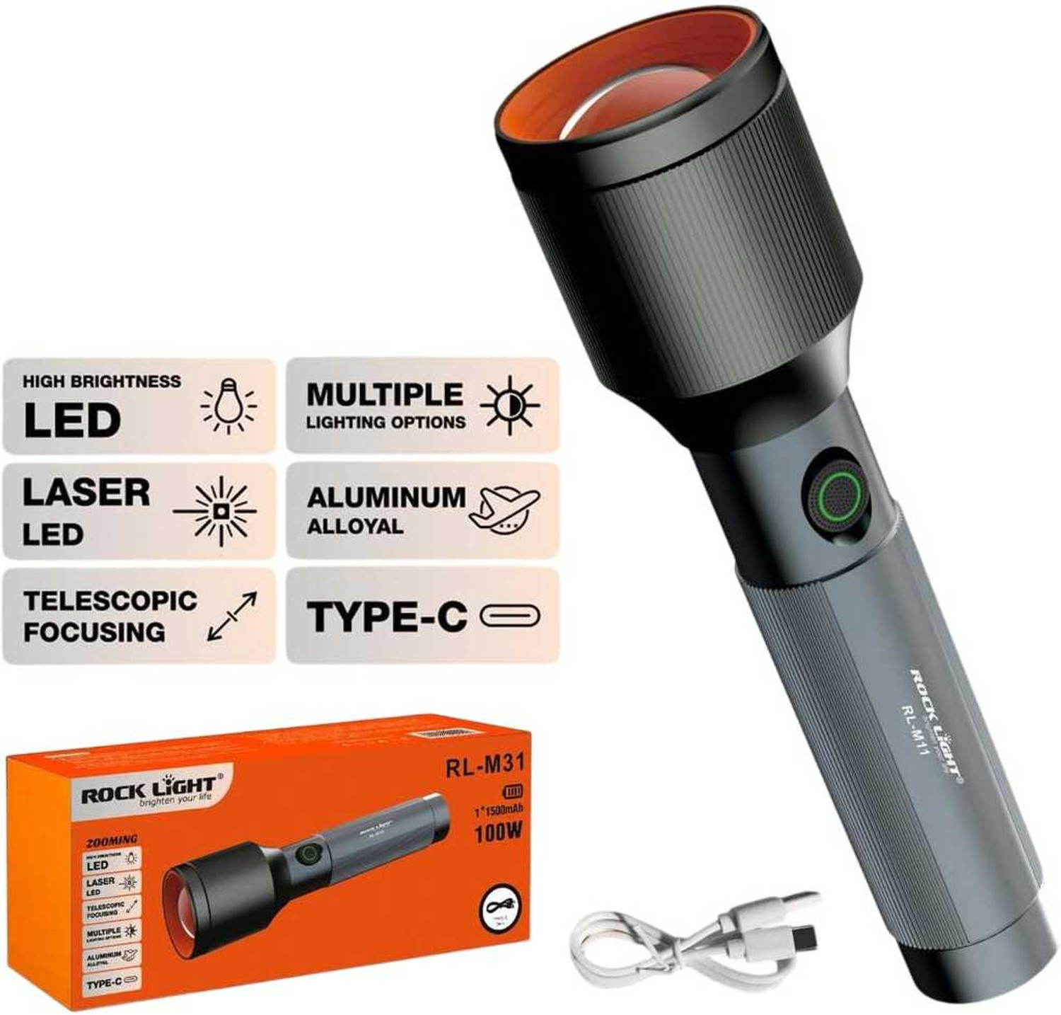 Image of Kay-Joy RL-M31 100W Metal Torch with Zooming Head | Type-C Rechargeable Torch Torch
