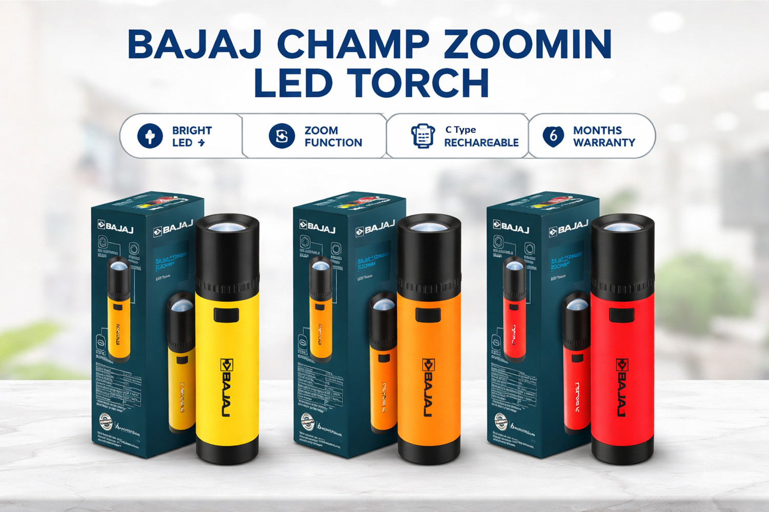 Image of BAJAJ 1W (ZOOMIN NEW ) LED TORCH RED, YELLOW PACK OF-02 PES Torch